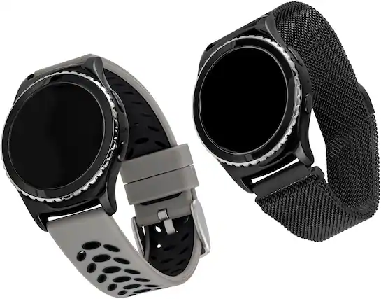 Angle. WITHit - Universal Smartwatch Silicone and Mesh Sport Band 2-Pack for Samsung Galaxy Watch Active and Galaxy Watch Active2 20mm - Woven Black/Grey/Black.