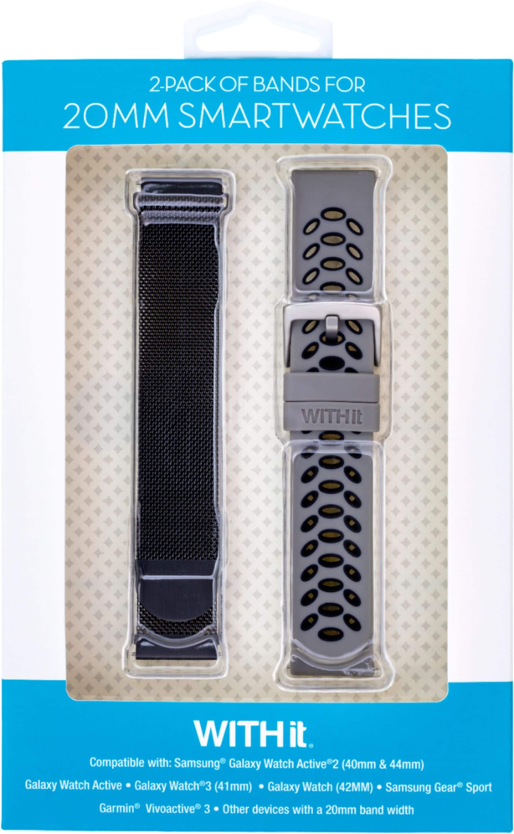 2-PACK OF BANDS FOR 20MM SMARTWATCHES WITH it WITH it Compatible with: Samsung Galaxy Watch Active 2 (40mm & 44mm) Galaxy Watch Active Galaxy Watch3 3 (41mm) Galaxy Watch (42MM) Samsung Gear Sport Garmin Vivoactive 3 Other devices with a 20mm band width
