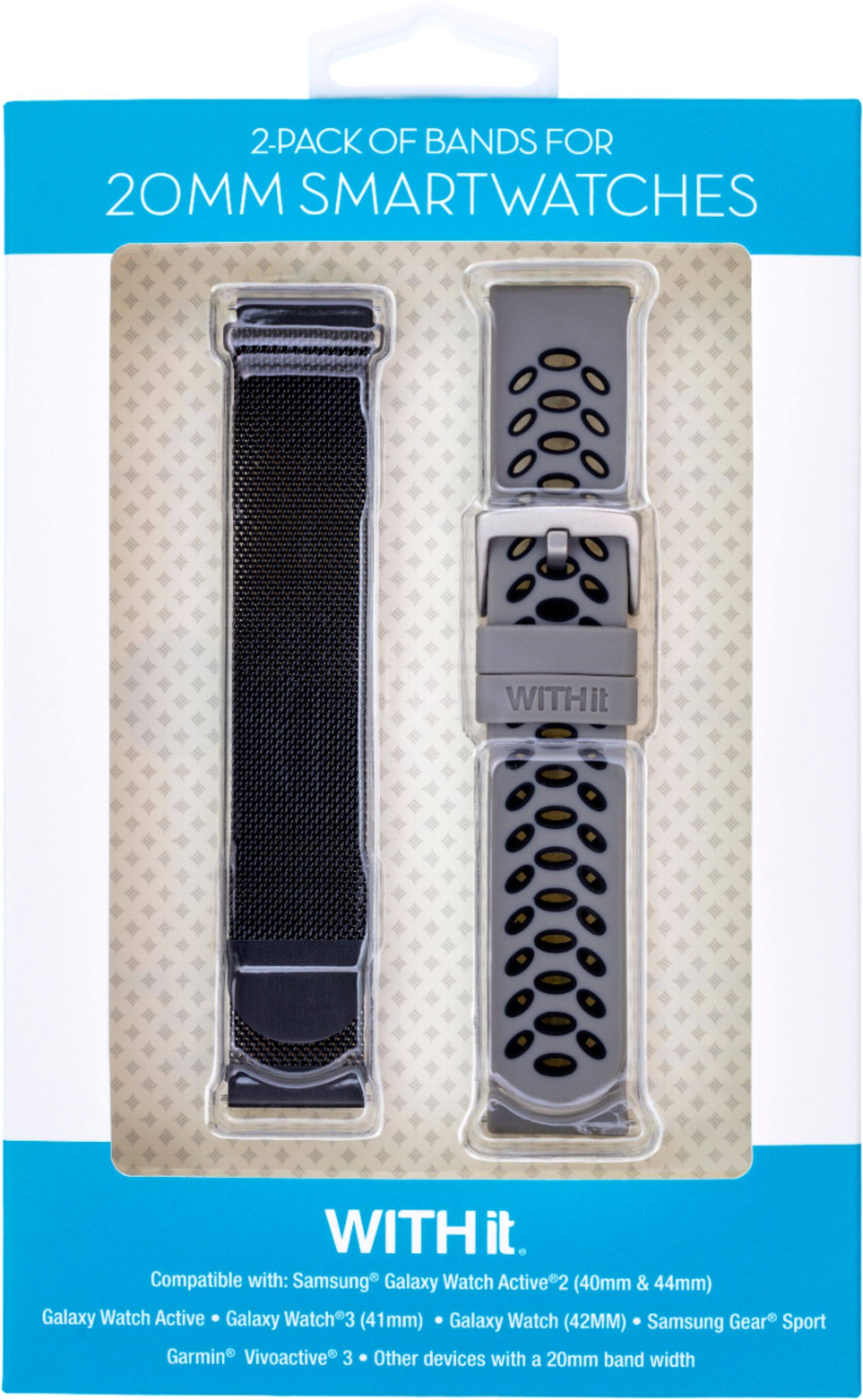 2-PACK OF BANDS FOR 20MM SMARTWATCHES WITH it WITH it Compatible with: Samsung Galaxy Watch Active 2 (40mm & 44mm) Galaxy Watch Active Galaxy Watch3 3 (41mm) Galaxy Watch (42MM) Samsung Gear Sport Garmin Vivoactive 3 Other devices with a 20mm band width
