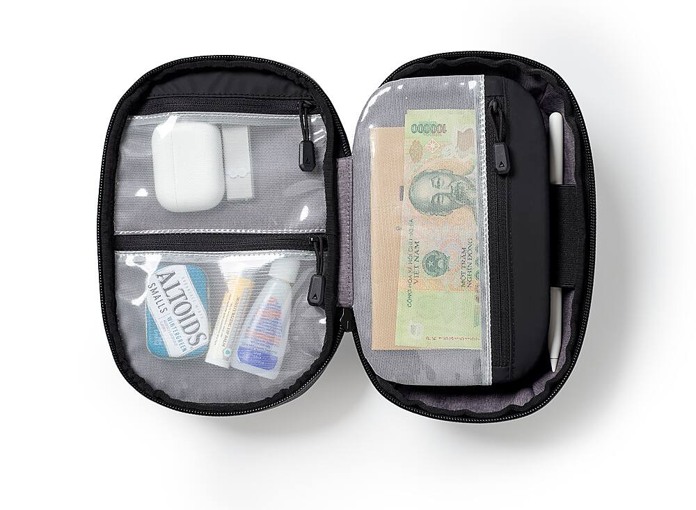 The image shows a small black pouch with a few items inside, including a pack of Altoids, a pack of MotuSup balm, and a 100,000 bill. The pouch is open, revealing the contents.