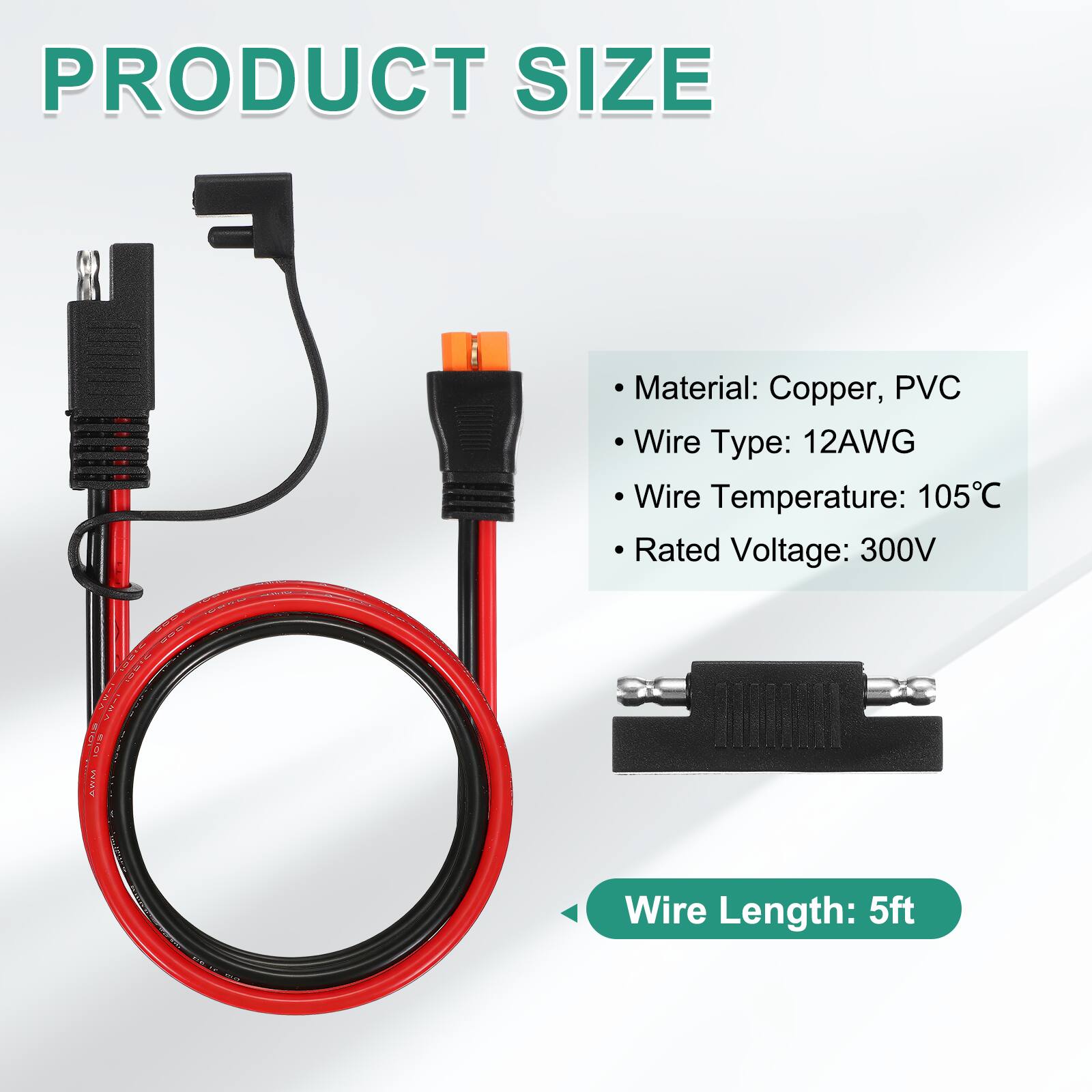 PRODUCT SIZE

- Material: Copper, PVC
- Wire Type: 12AWG
- Wire Temperature: 105°C
- Rated Voltage: 300V
- Wire Length: 5ft