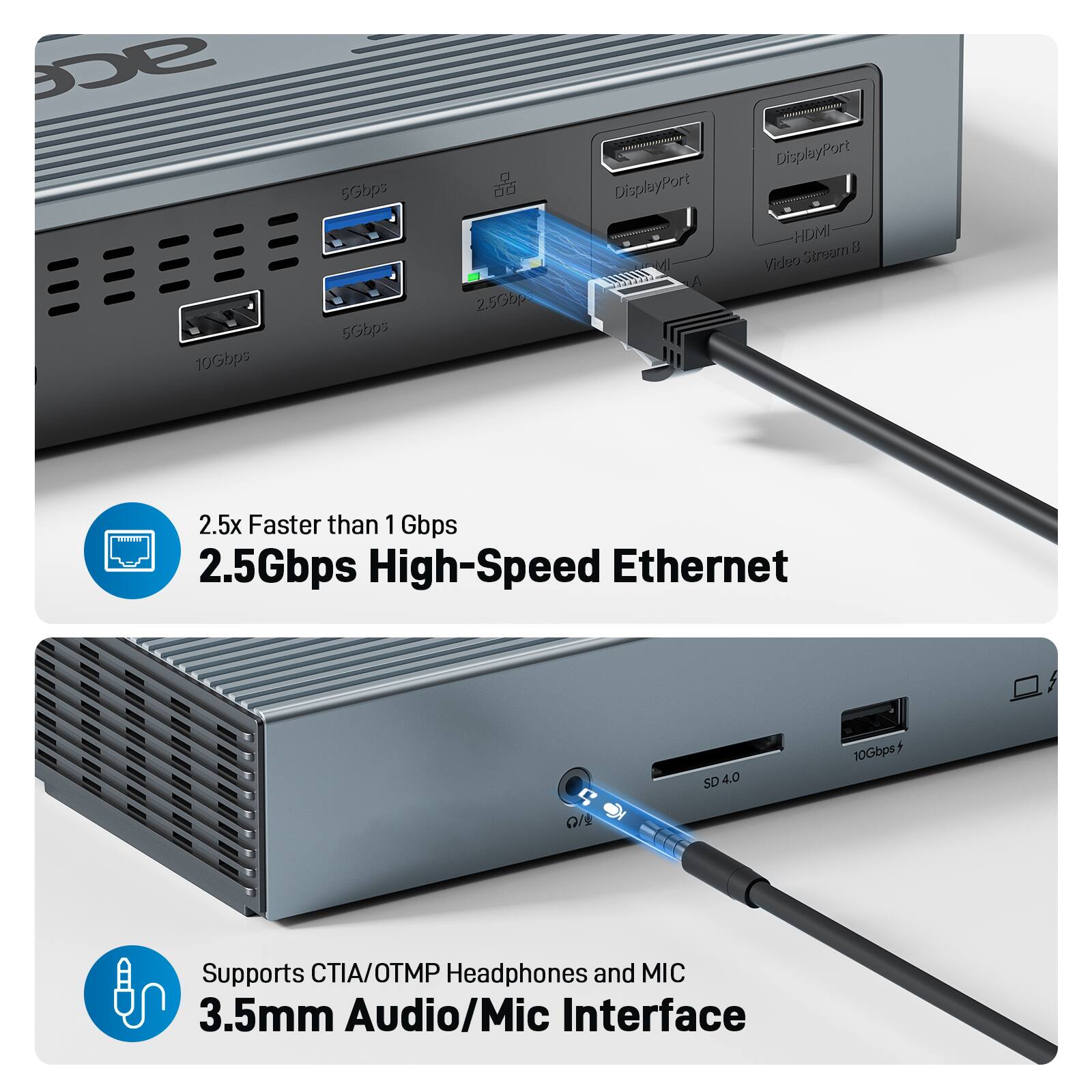 SCE 10Gbps 5Gbps 5Gbps 60 25Gbps DisplayPort DisplayPort HDMI Video Stream B 2.5x Faster than 1 Gbps 2.5Gbps High-Speed Ethernet SD SD4.0 10Gbps Supports CTIA/OTMP Headphones and MIC 3.5mm Audio/Mic Interface