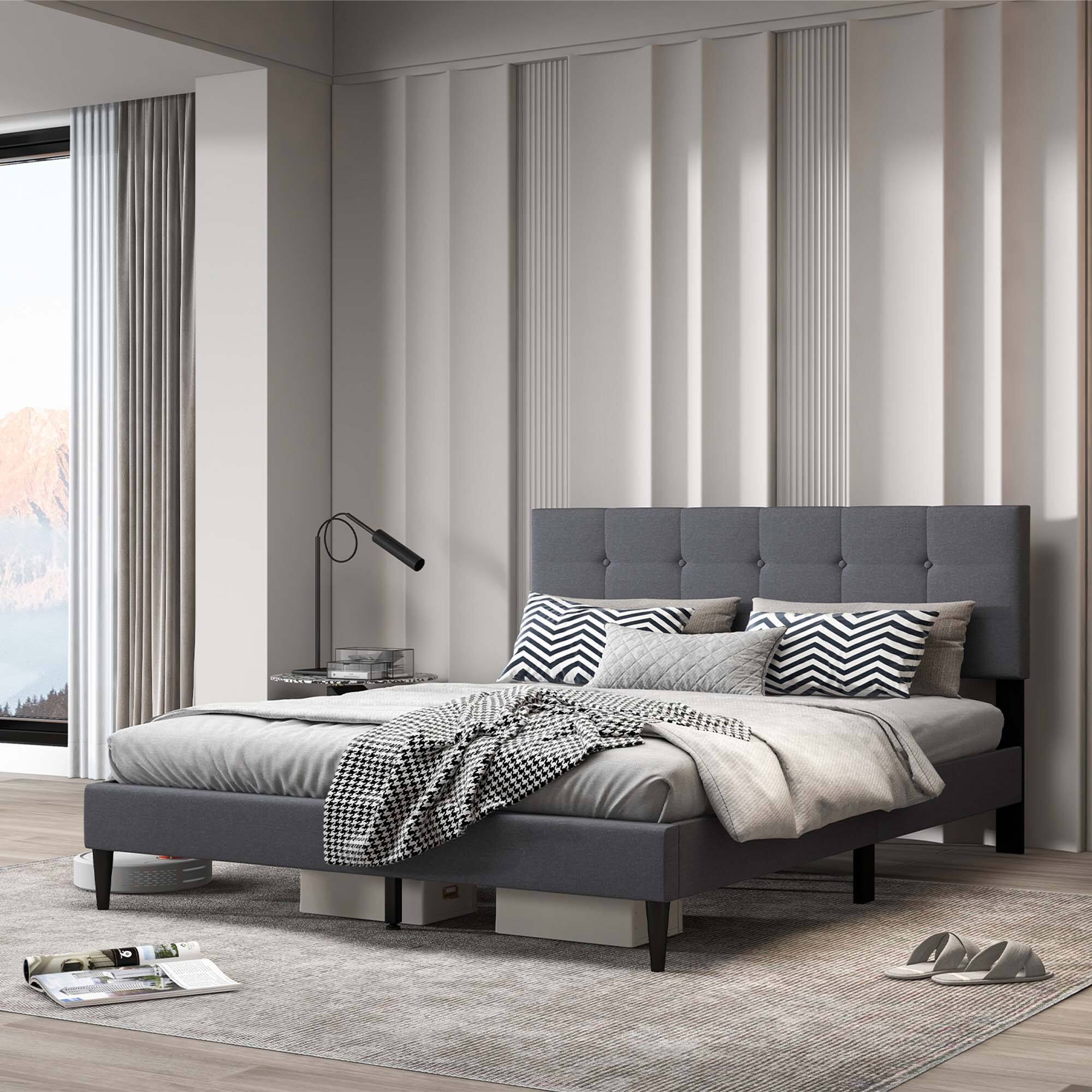 Alt View 4. Costway - Costway Queen Upholstered Platform Bed Mattress Foundation Button Tufted Headboard - Gray.