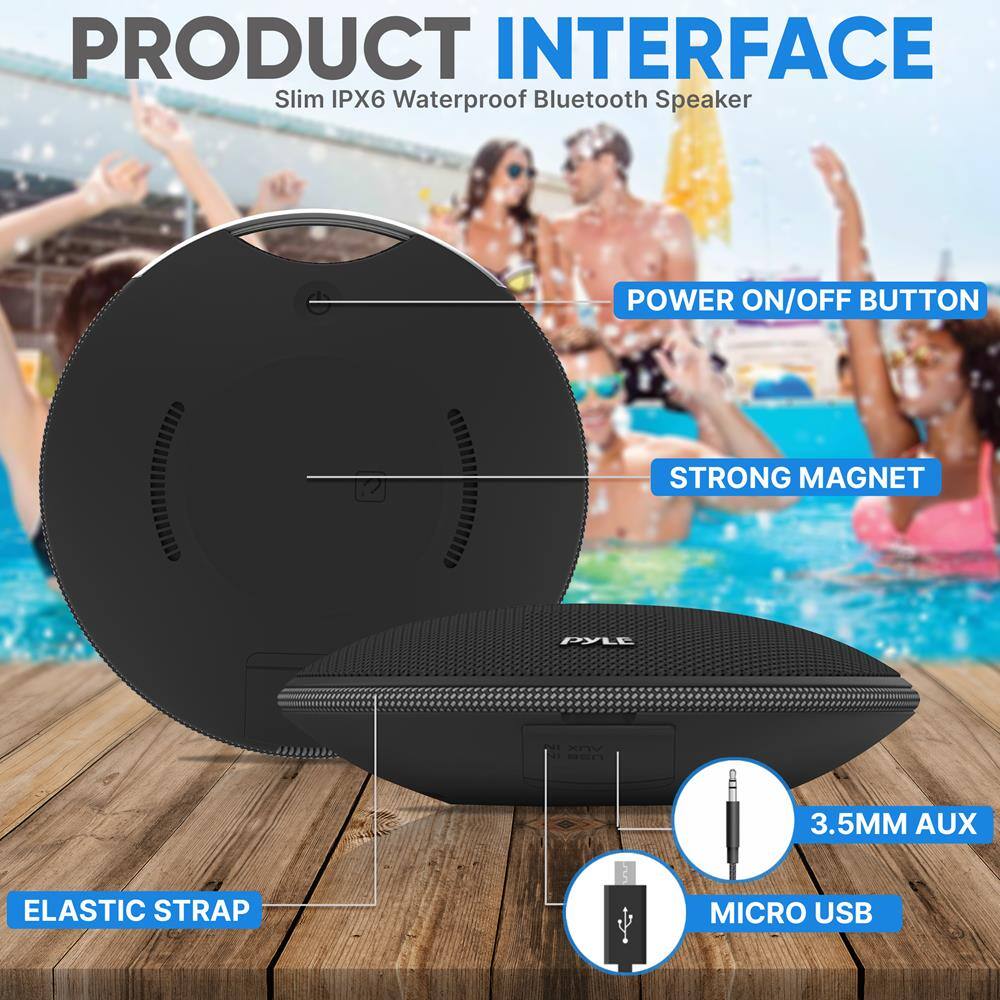 PRODUCT INTERFACE  
Slim IPX6 Waterproof Bluetooth Speaker  

- POWER ON/OFF BUTTON  
- STRONG MAGNET  
- ELASTIC STRAP  
- 3.5MM AUX  
- MICRO USB