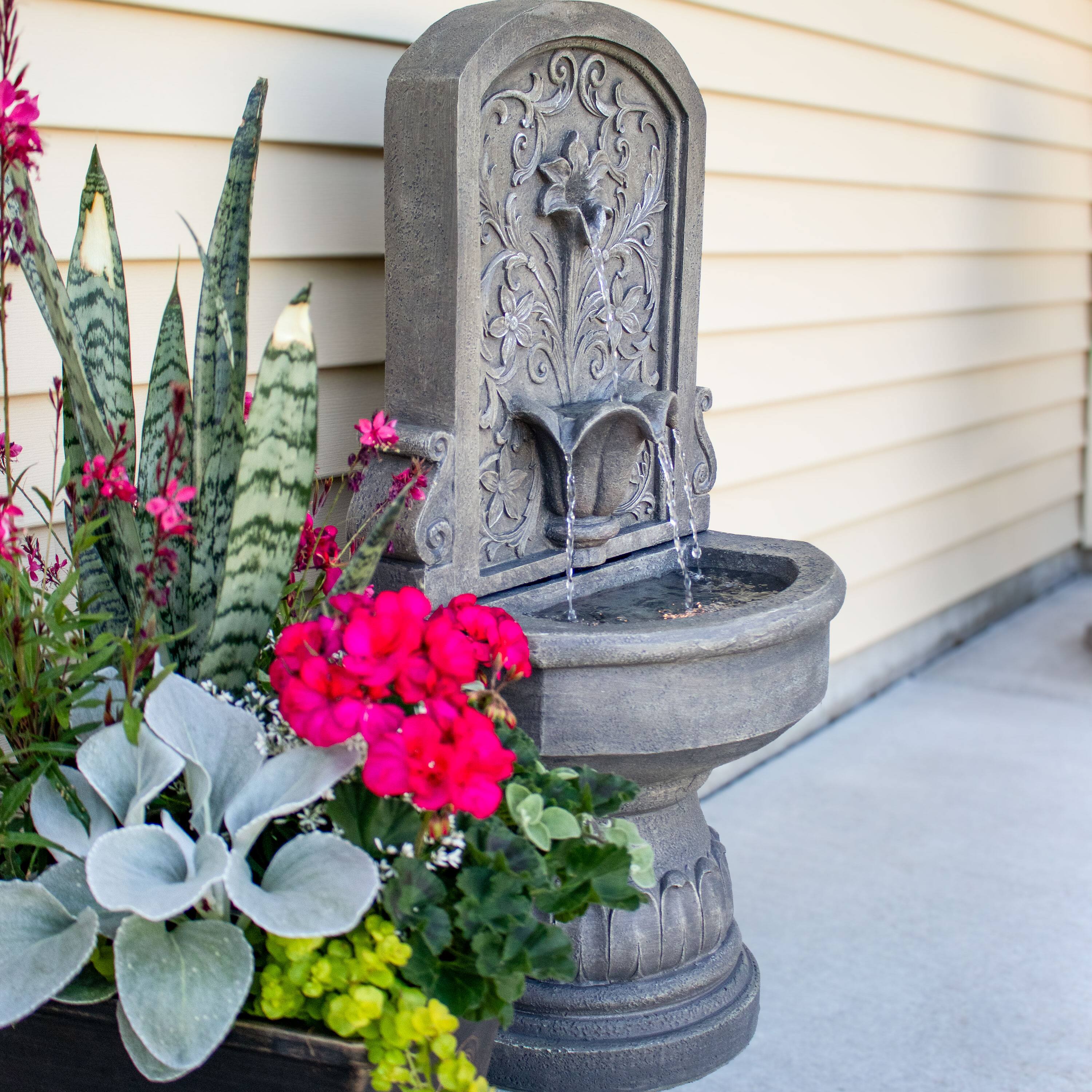 Alt View 3. Sunnydaze - Lovely Lily Polyresin Flat Back Outdoor Wall Fountain - Light Brown.