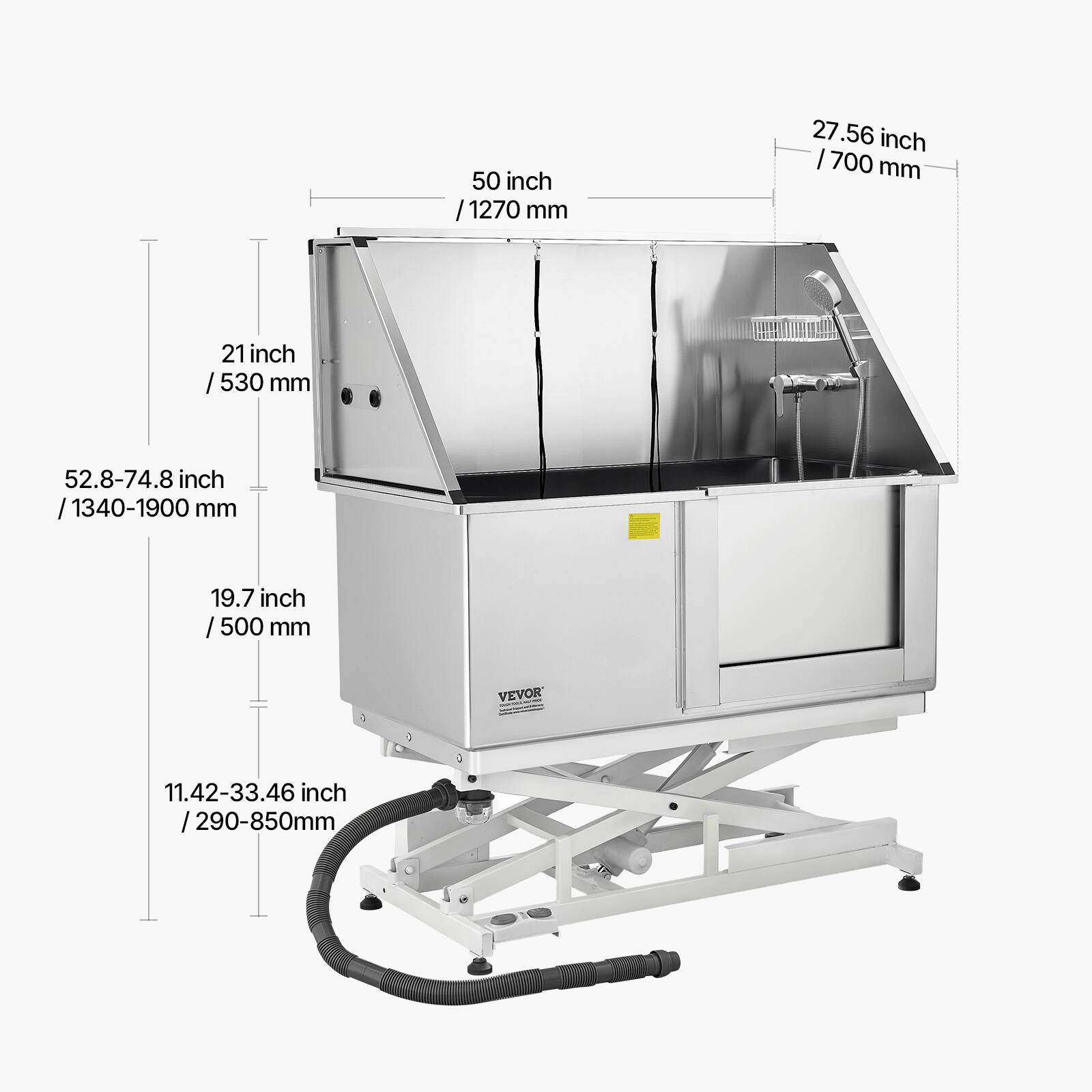 50 inch / 1270 mm  
27.56 inch / 700 mm  
21 inch / 530 mm  
52.8-74.8 inch / 1340-1900 mm  
19.7 inch / 500 mm  
11.42-33.46 inch / 290-850 mm  

VEVOR