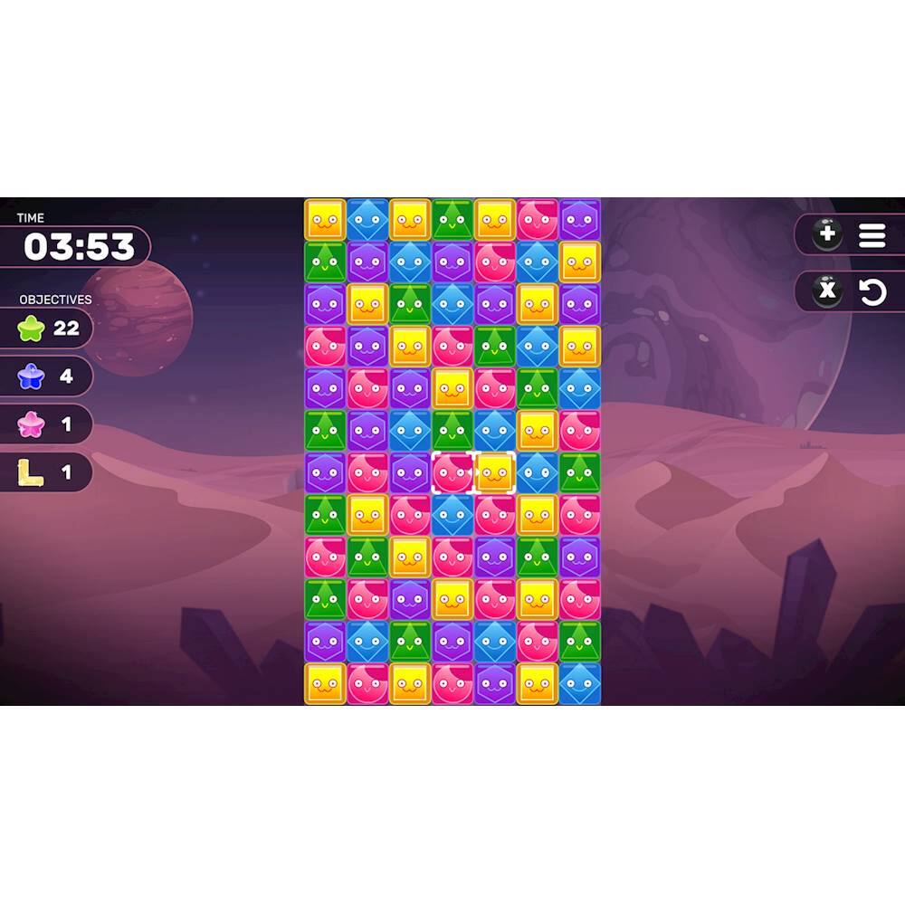 In the image, there is a game with a timer showing 03:53. The game has a colorful grid of squares, and the objective is to clear the grid by matching the squares. The game also has a counter displaying the number of squares cleared, which is currently at 22. The game is set in a space-themed environment, with a background featuring a planet and a spaceship.