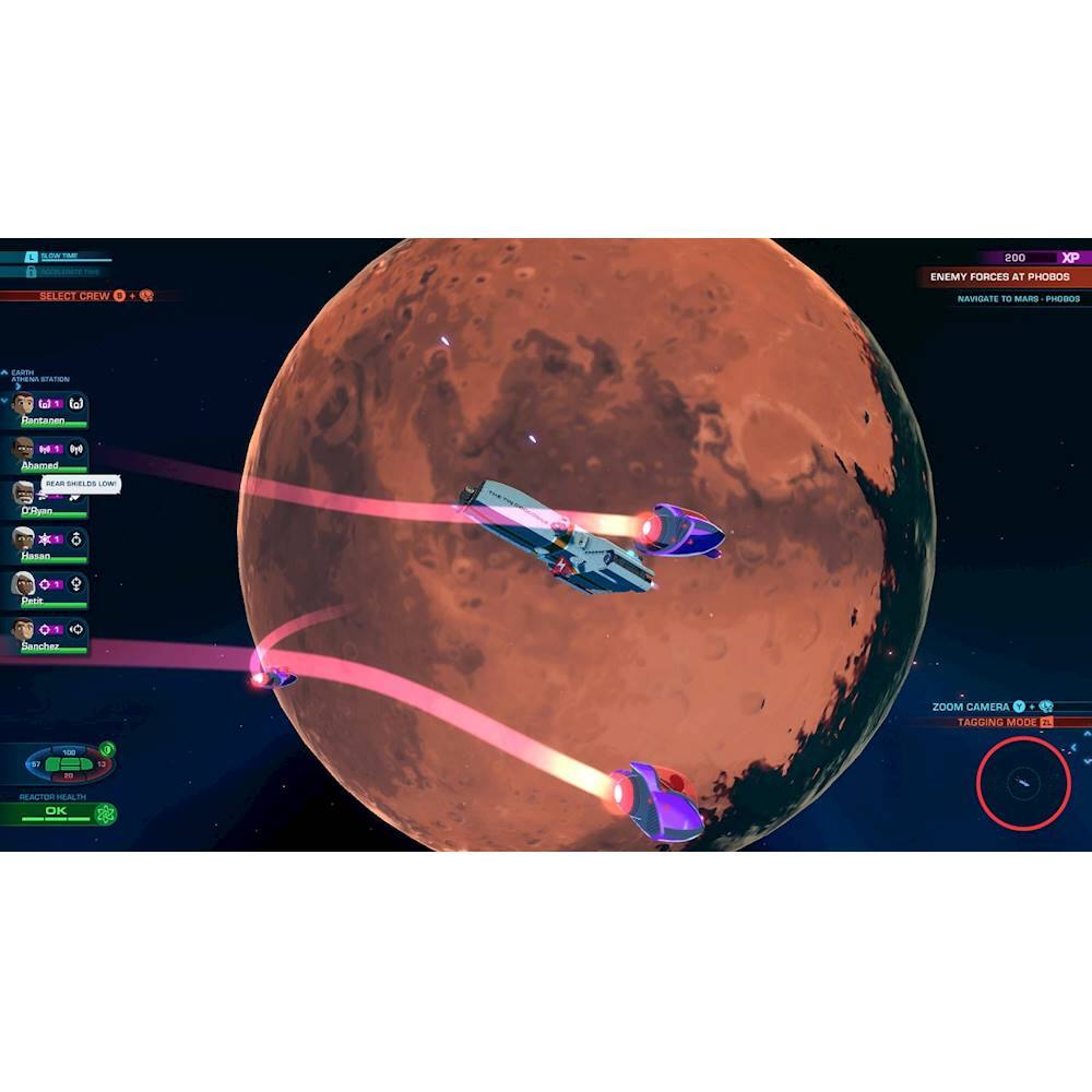 The image features a video game with a spaceship flying through the air, surrounded by a red planet. The spaceship is being attacked by enemy forces, as indicated by the presence of multiple red laser beams. The game is set in a space environment, with the spaceship navigating through the planet's atmosphere. The player is likely to be engaged in a battle against the enemy forces, requiring skill and strategy to successfully complete the mission.