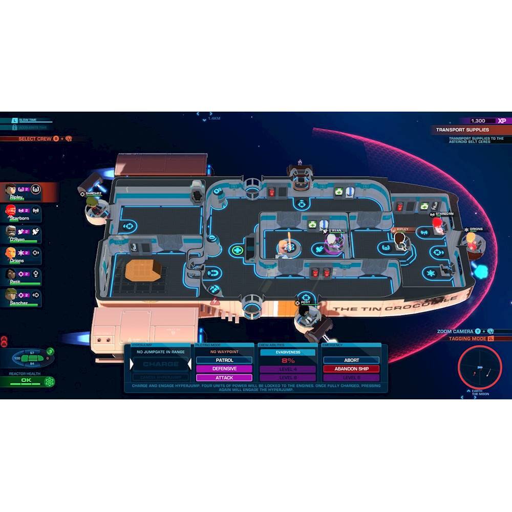 The image shows a spaceship with a blue interior, featuring a map of the ship's layout. The ship has a large room with a bed, and there are several smaller rooms on the ship. The ship also has a cargo hold and a control room. The ship is equipped with various items such as a camera, a reactor, and a defensive system. The ship is currently at 300 XP and has a crew of 10.