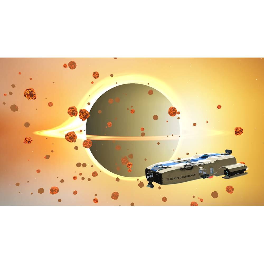 The image features a spaceship traveling through a colorful and vibrant space scene. The spaceship is positioned towards the right side of the image, with a large sun in the background. The sun is surrounded by a variety of rocks and planets, creating a visually striking and dynamic environment. The spaceship appears to be navigating through this unique and captivating cosmic landscape.