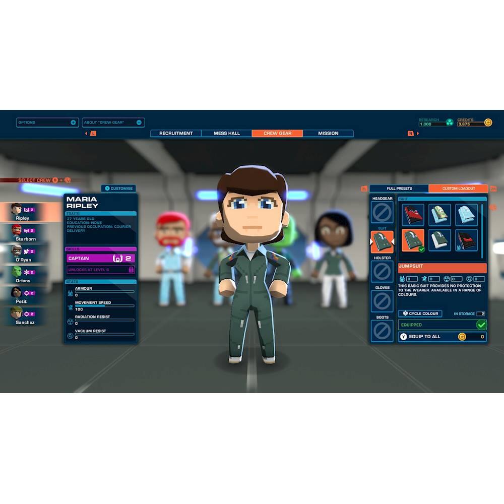 The image features a video game character in a green jumpsuit, standing in a room with other characters. The character is equipped with a holster and a range of weapons, including a gun and a knife. The game is set in a futuristic environment, possibly on a spaceship. The character's name is Maria Ripley, and she is a crew member. The game appears to be a role-playing game, with the player controlling the character's actions and decisions.