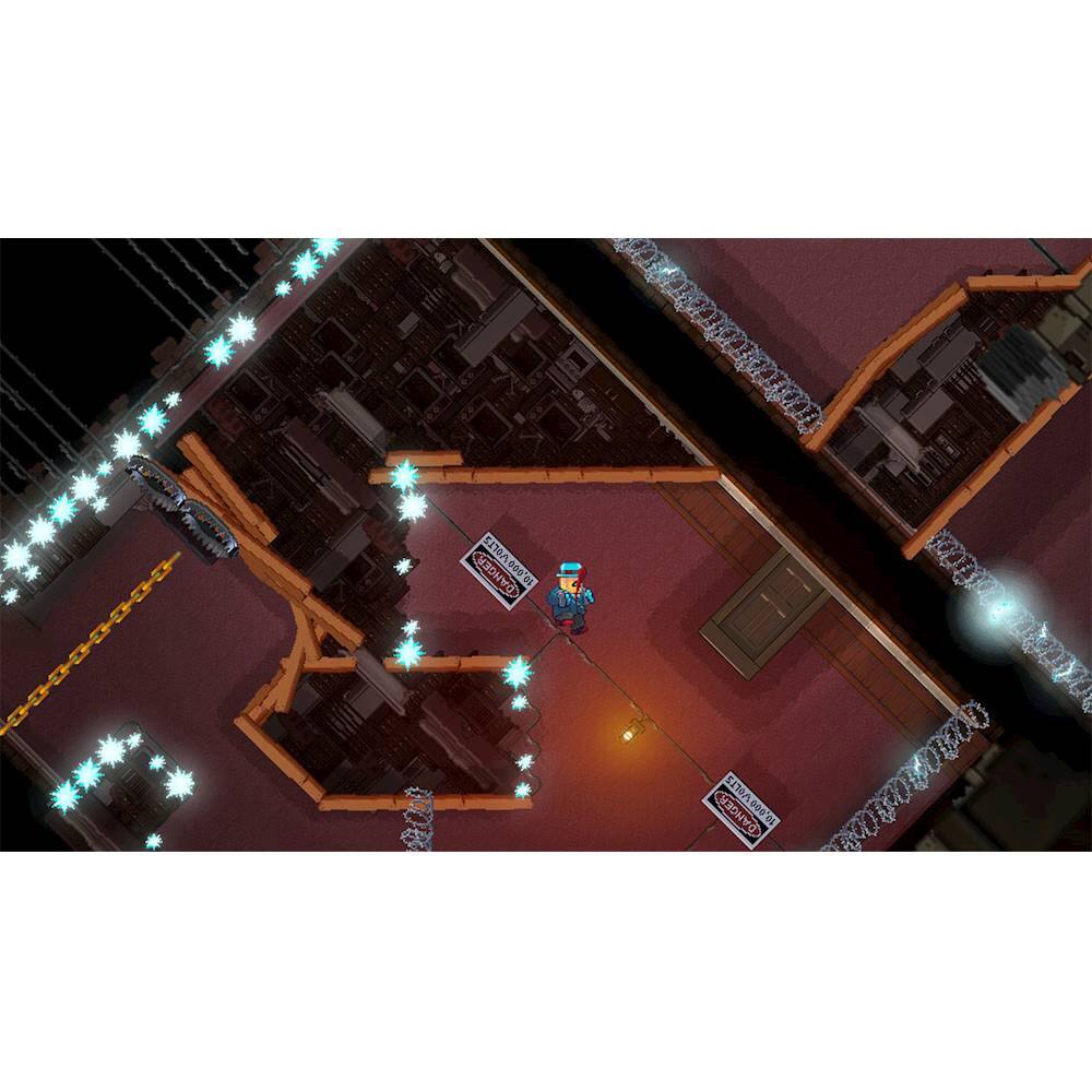 The image shows a character in a video game, likely a platformer, standing on a platform with a sign nearby. The sign reads "DANGER 10,990 VOLTS" which indicates a potential hazard in the game. The character is positioned in the center of the scene, and the platform is located near the bottom of the image. The game appears to be set in a dark environment, with the character being the main focus of the scene.