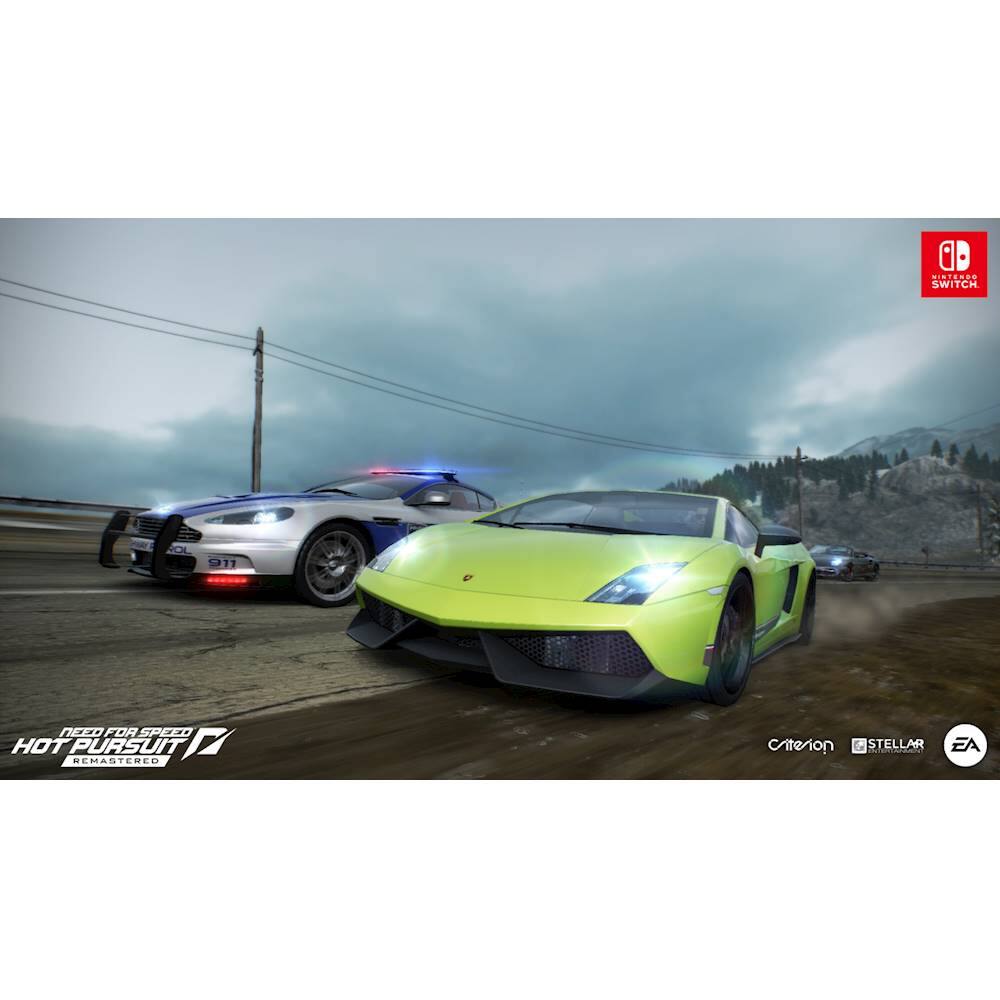 The image features a green sports car driving down a road, with a police car in pursuit. The police car is positioned behind the sports car, and both cars are moving at high speeds. The scene is reminiscent of a video game, possibly Hot Pursuit, as the cars are racing down the street. The image captures the excitement and adrenaline of the high-speed chase between the sports car and the police car.