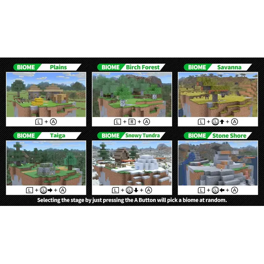 The image features a selection of different biomes in Minecraft, each with its own unique characteristics. The biomes include plains, birch forest, savanna, taiga, snowy tundra, and stone shore. To select a biome at random, the player can simply press the A button.