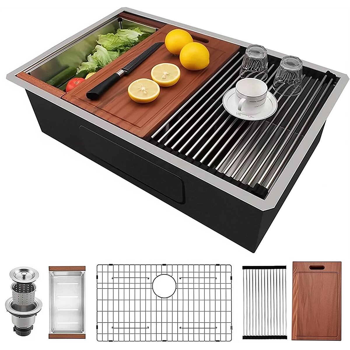 Alt View 6. Ropilly - Ropilly 30 inch undermount workstation sink, 18 gauge stainless steel kitchen sink, single bowl - Brushed Chrome.