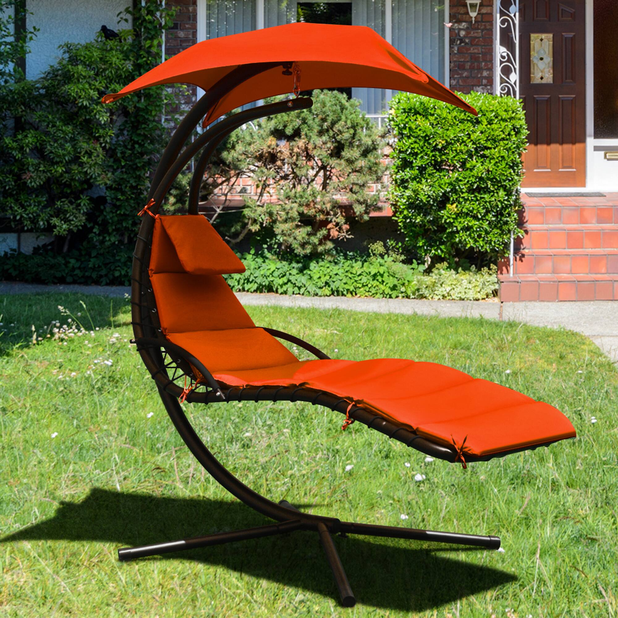Front. Gymax - Gymax Patio Hammock Swing Chair Hanging Chaise w/ Cushion Pillow Canopy Orange - Orange.