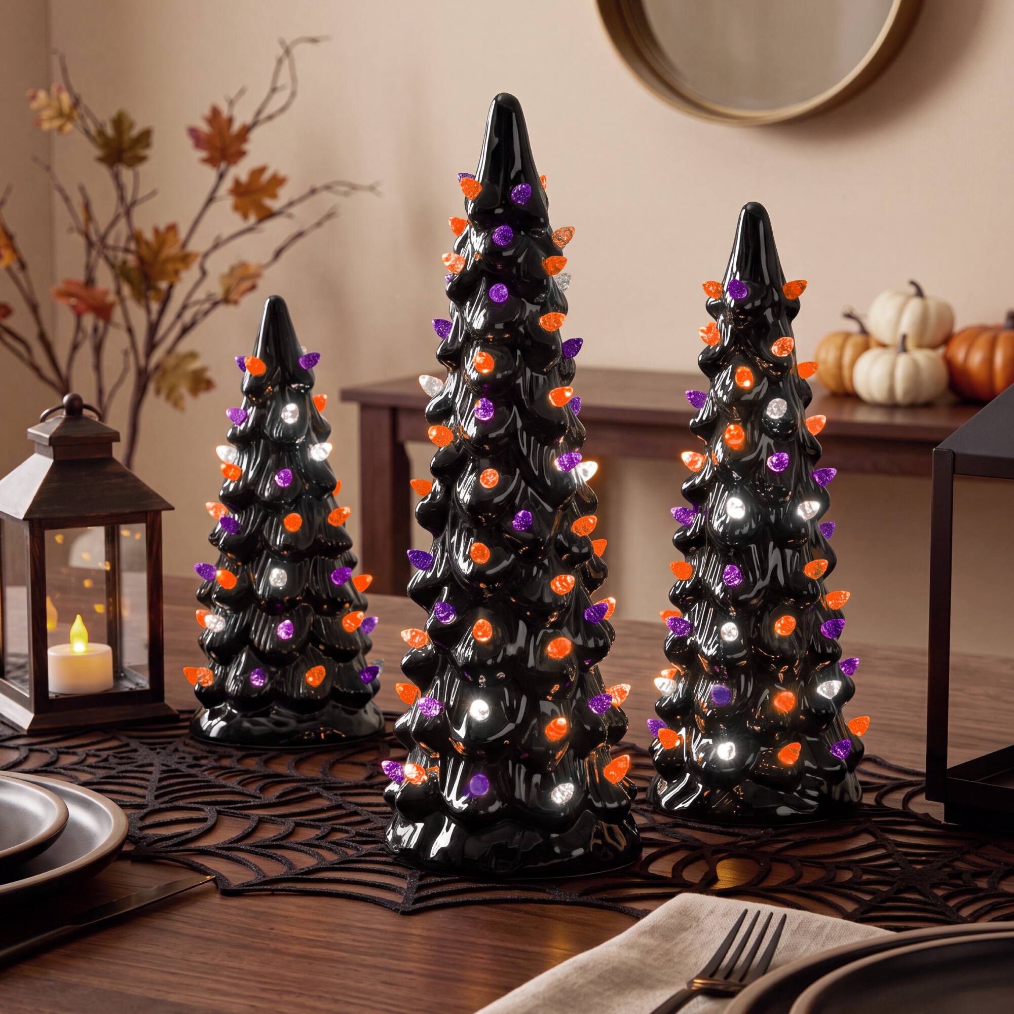 Alt View 2. Best Choice Products - Best Choice Products 3Pc Ceramic Halloween Trees, Pre-Lit Hand Painted Pencil Tabletop Holiday Decoration LEDs - Black w/ Orange, Purple & White Lights.