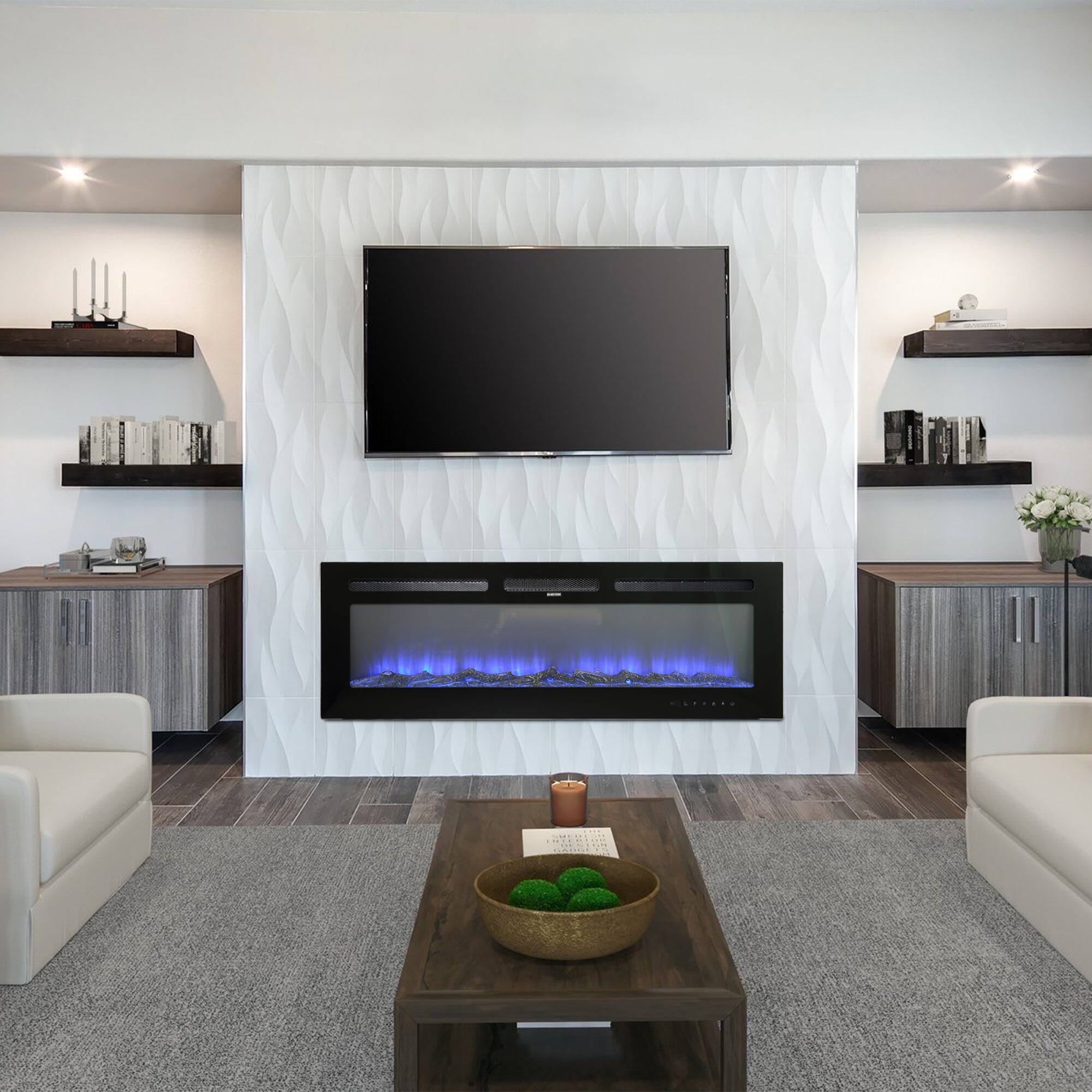 Alt View 1. Boyel Living - 60 in. Wall Mounted Recessed Electric Fireplace with Logs and Crystals - Black.