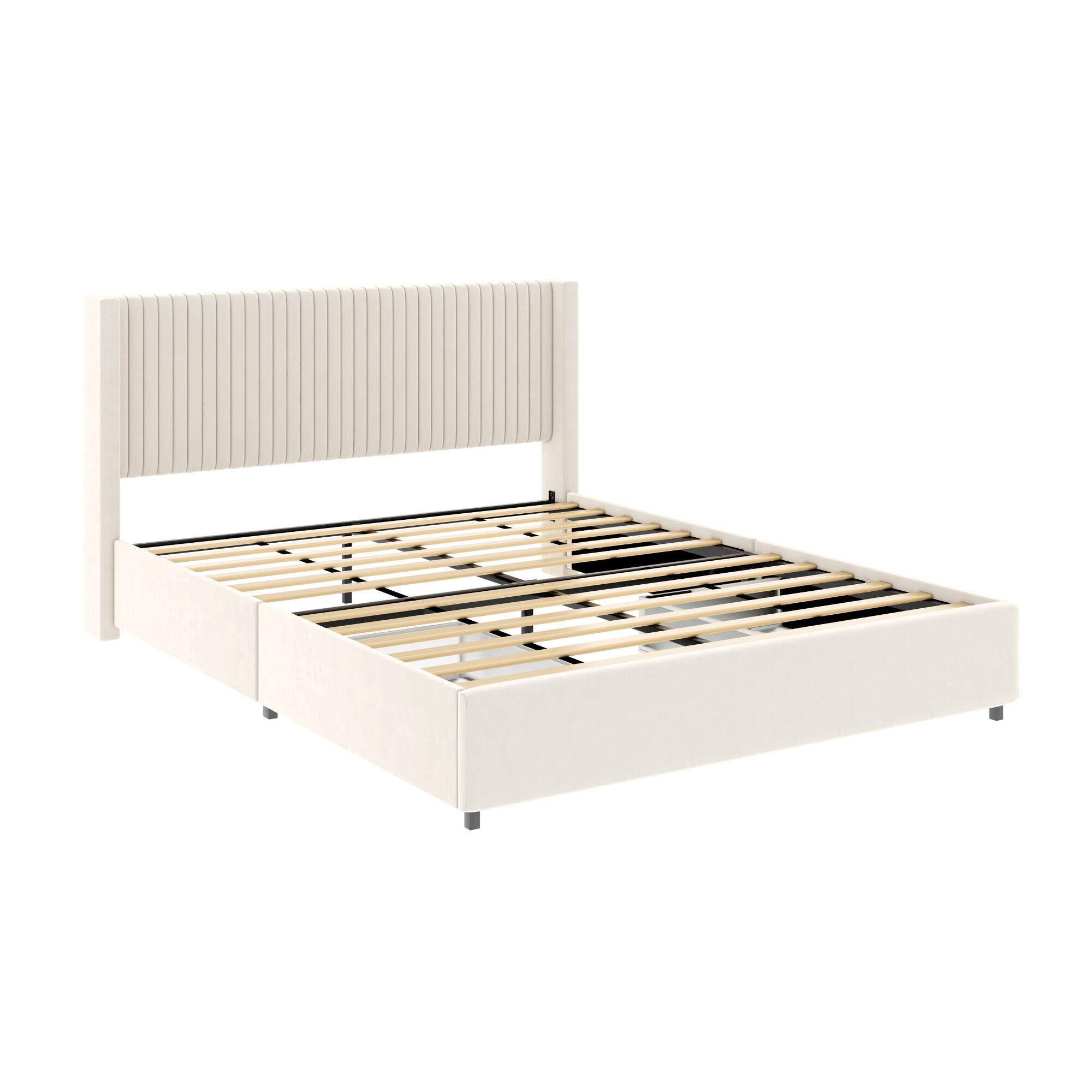 Back. LUCKY ONE - Queen Size 2-Drawer Storage Bed Frame Velvet Upholstered Wingback Platform Bed - Ivory.