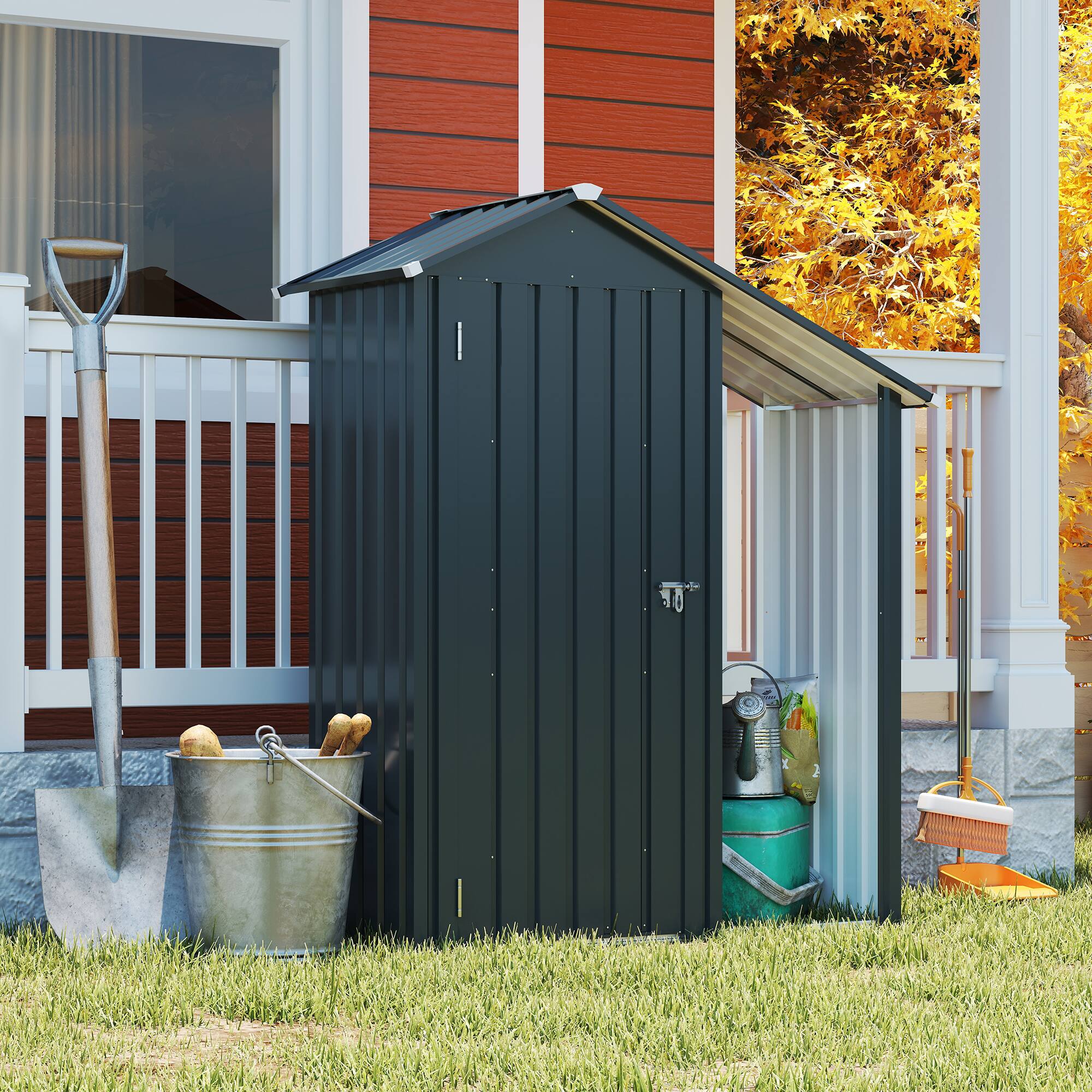 Back. Mondawe - 2-in-1 Small Galvanized Iron Storage Garden Shed with a solid lock system - Dark Gray.