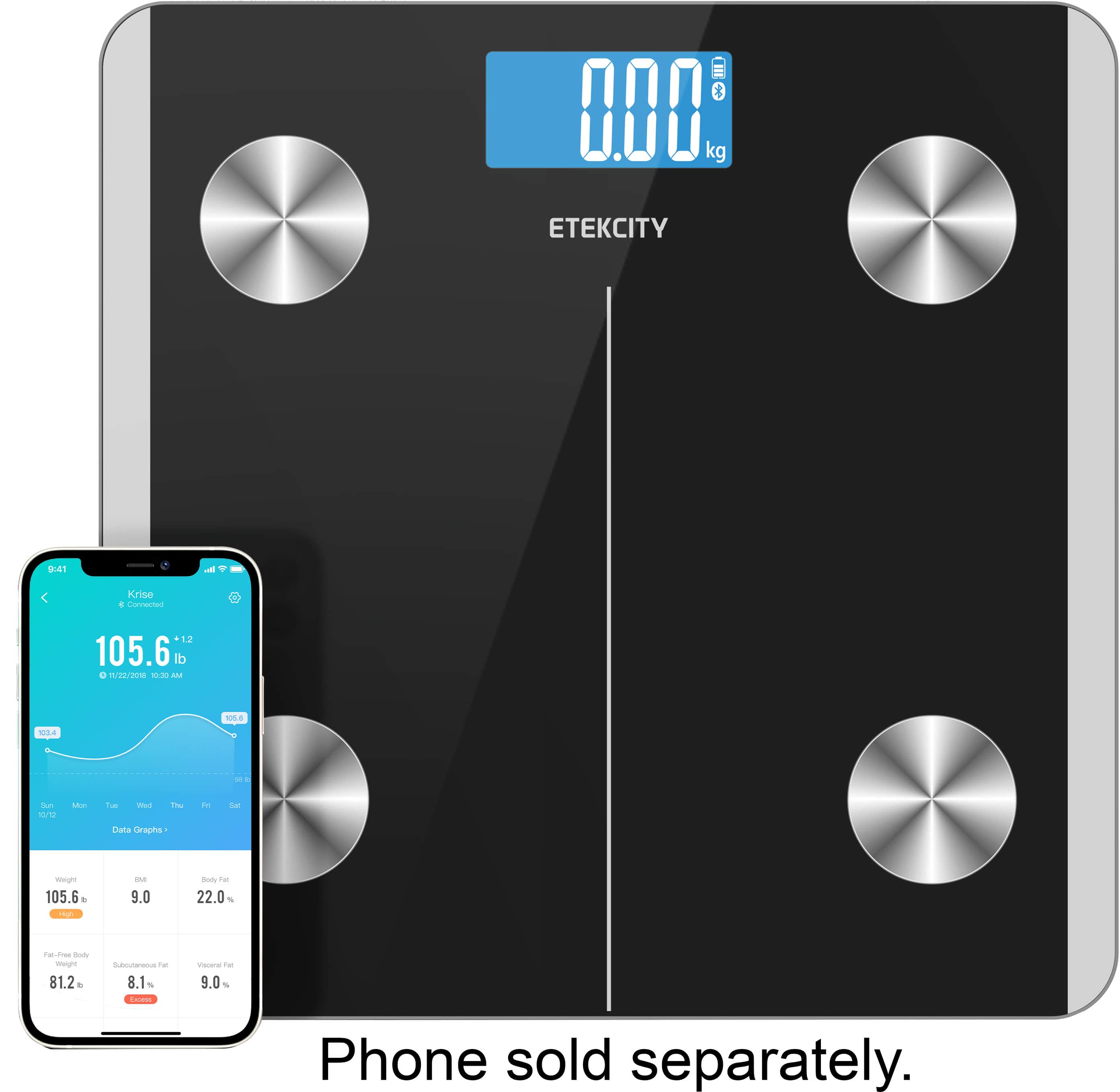 The image features a large Etecity scale with a phone placed next to it. The scale is designed to measure weight in kilograms and pounds. The phone, which is sold separately, is likely used to interact with the scale, such as displaying the weight measurement or providing additional features. The scale measures up to 400 kg or 105.6 lb, making it suitable for various weight-related applications.