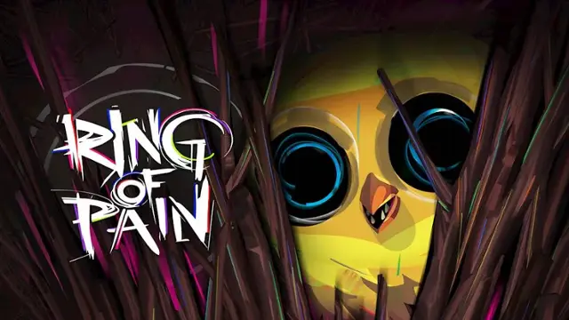 The image features a cartoon chicken with a sad expression, surrounded by a forest of trees. The chicken is peeking out from behind the trees, and the text "Ring of Pain" is displayed in the foreground. The text is large and prominently displayed, making it the main focus of the image. - E10+ (Everyone 10+)