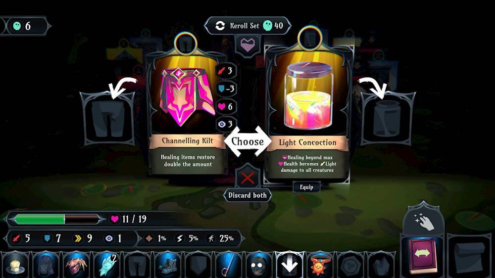 The image shows a game screen with a character and various items displayed. The character is wearing a purple outfit, and there are two items on the screen, one being a bottle and the other being a kilt. The character is also holding a sword. The game screen also displays a menu with different options, including a "reroll set" option. The character's health is at 19, and they have a 1% chance to use a special ability.