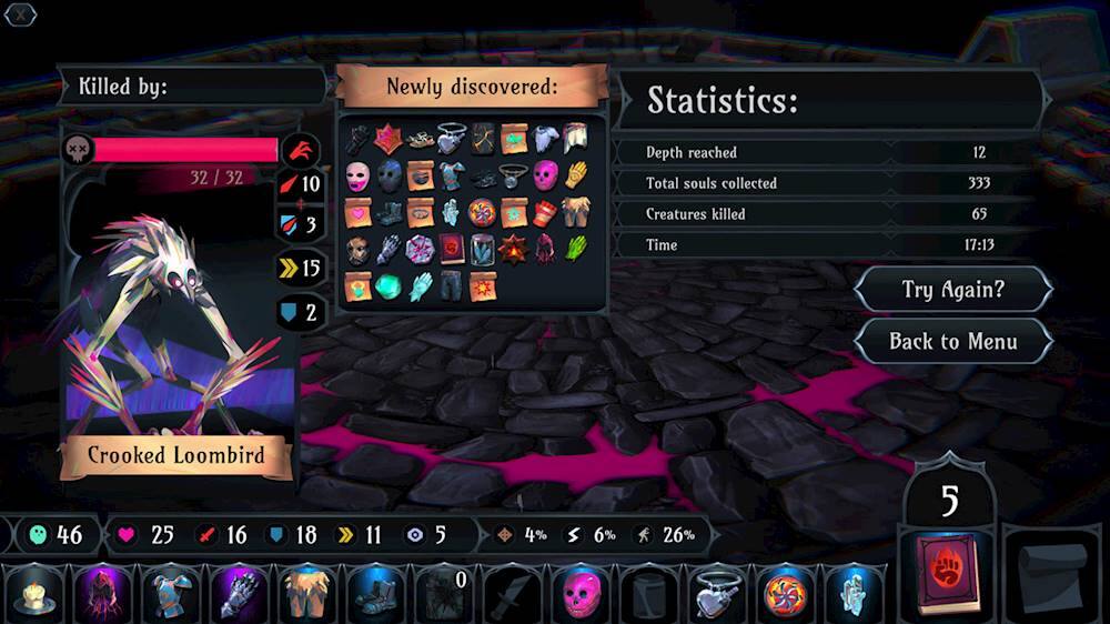 The image shows a video game screen with a character and a monster. The character has killed the monster, and the game displays the statistics of the battle. The character has reached a depth of 10, collected 333 souls, and killed 15 creatures. The game also shows the time spent on the battle, which was 17 minutes and 13 seconds. The player has the option to try again or go back to the menu.