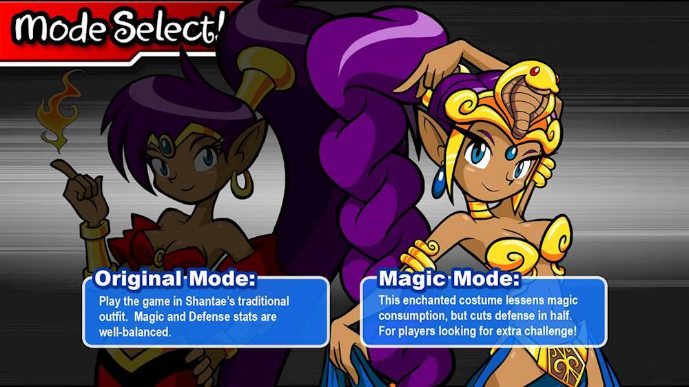 Mode Select! Original Mode: Play the game in Shantae's traditional outfit. Magic and Defense stats are well-balanced. Magic Mode: This enchanted costume lessens magic consumption, but cuts defense in half. For players looking for extra challenge!