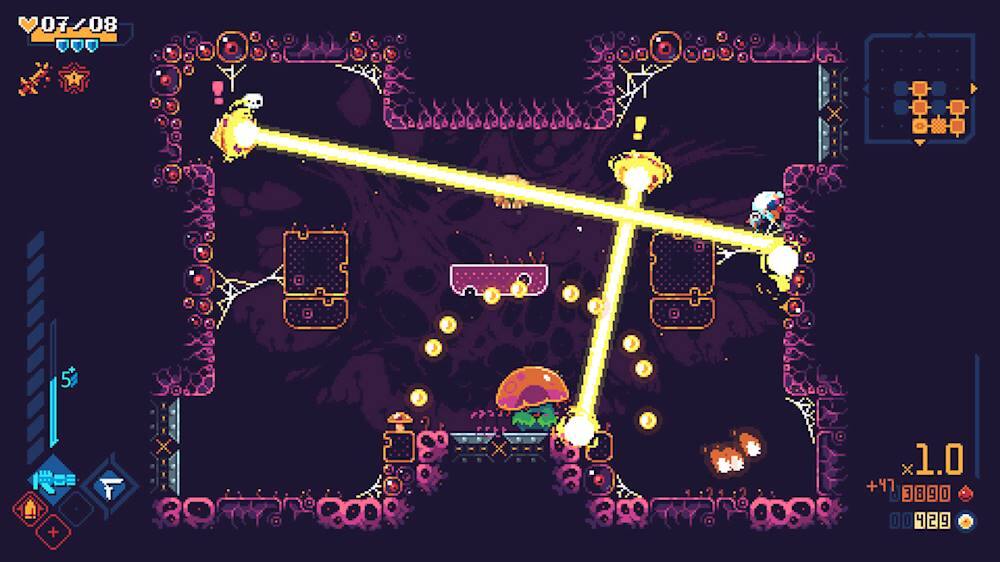 The image shows a video game with a character in a dark room, surrounded by enemies and obstacles. The character is holding a gun and appears to be shooting at the enemies. The game has a futuristic setting, with a mix of dark and bright colors. The character is positioned in the center of the scene, and the enemies are scattered around the room. The game seems to be a first-person shooter, with the player controlling the character's movements and aiming the gun at the enemies.