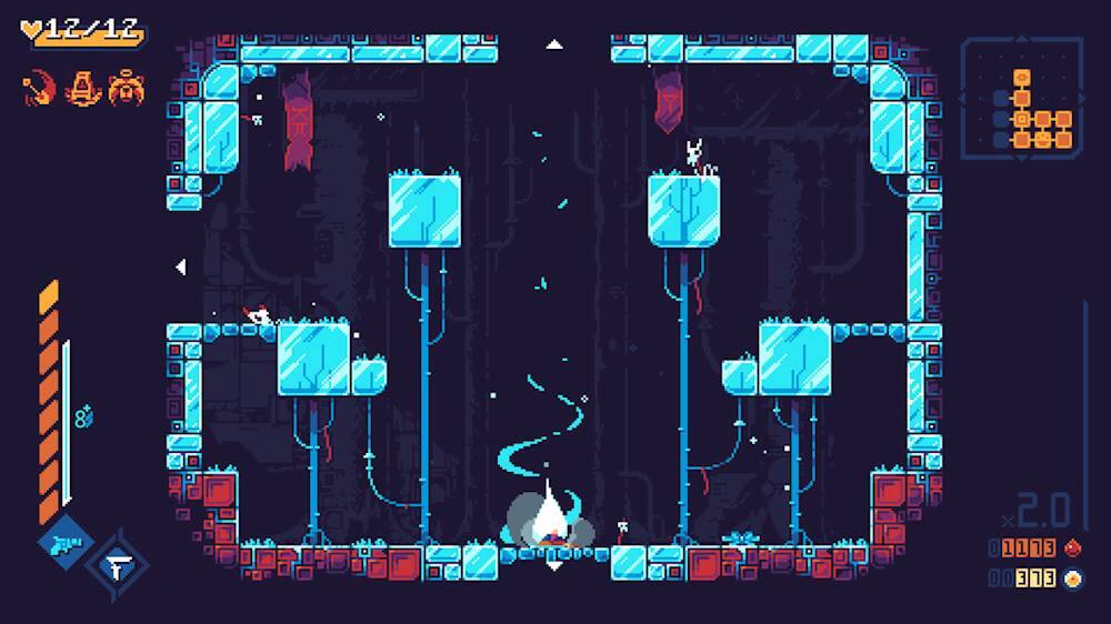 The image shows a video game with a character moving through a maze-like structure. The character is in the middle of the scene, surrounded by various obstacles and platforms. The game appears to be a first-person shooter, with the character possibly being a robot. The scene is set in a dark environment, adding to the overall atmosphere of the game.