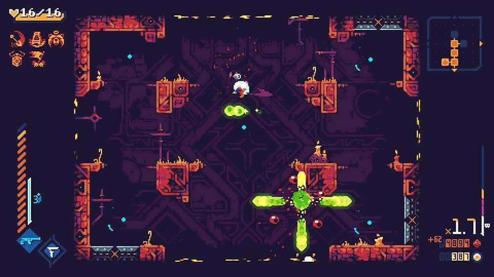 The image features a video game with a purple background and a character in the center. The character is surrounded by various objects, including a green object and a yellow object. The game appears to be set in a futuristic environment, with a mix of technology and alien elements. The character is likely engaged in a battle or exploration within the game.