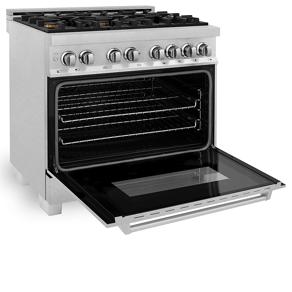 Left View: ZLINE - Professional 4.6 cu. ft. 6 Dual Fuel Range in DuraSnow® Stainless Steel with Brass Burners - Stainless steel