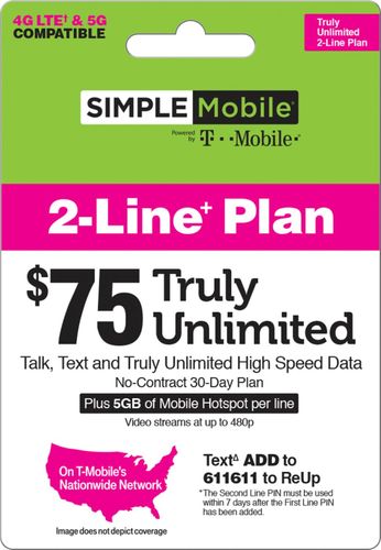 Simple Mobile - $75 – 2 Line 30-Day Prepaid Card