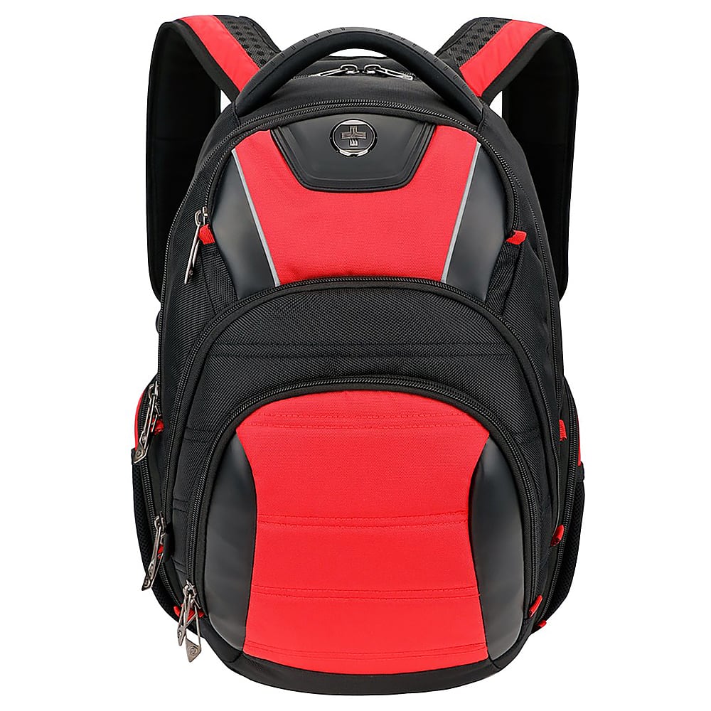 Front. Swissdigital Design - Anti Bacterial Travel Backpack - Red and Black.