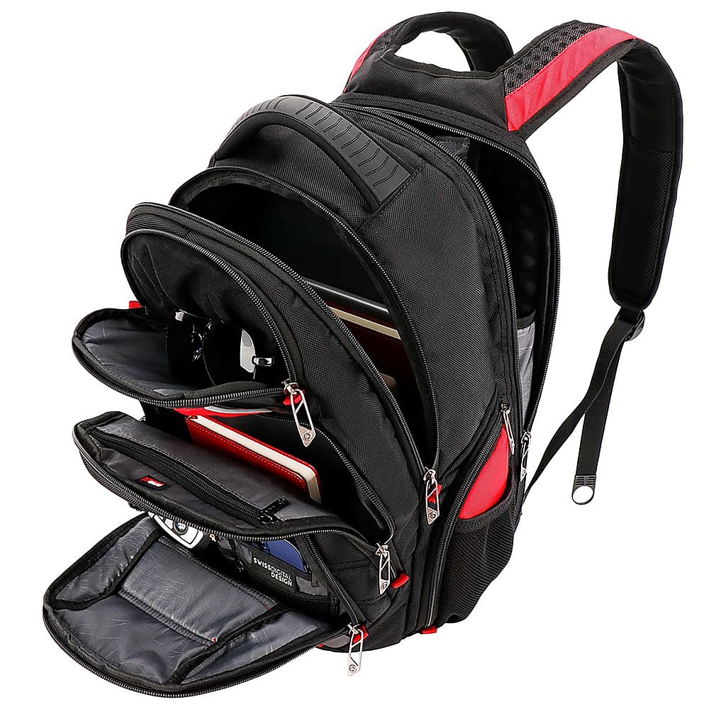 Alt View 13. Swissdigital Design - Anti Bacterial Travel Backpack - Red and Black.