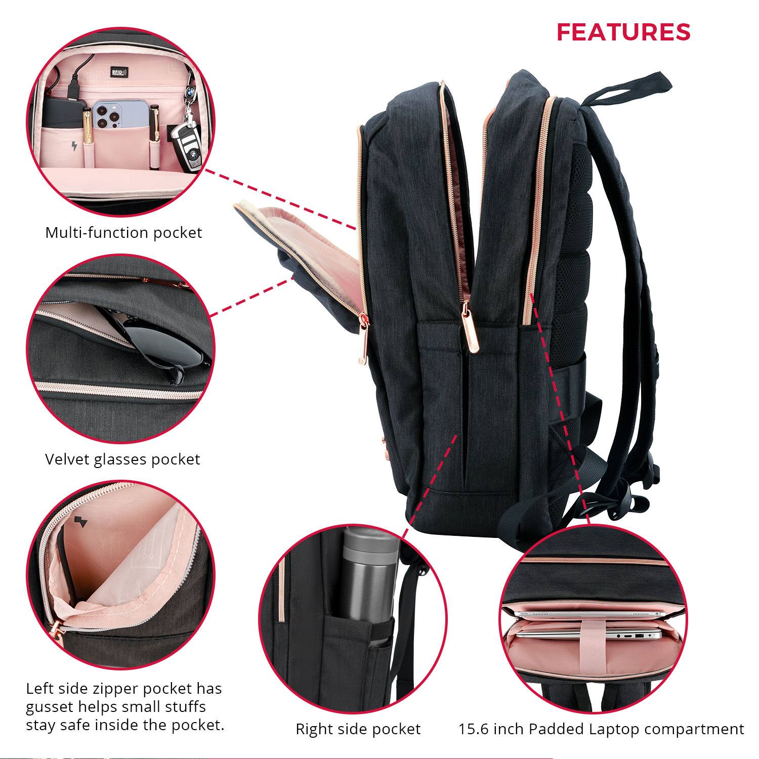 FEATURES - Multi-function pocket: A pocket that can be used for various purposes, such as storing small items or keeping them organized.
Velvet glasses pocket: A pocket specifically designed to hold glasses, providing a soft and protective space for them.
Left side zipper pocket: A pocket with a zipper opening, which can be used for storing small items or keeping them secure.
Gusset helps small stuffs stay safe inside the pocket: The gusset is a folded piece of fabric that helps to keep small items in place and prevents them from falling out of the pocket.
Right side pocket: A pocket on the right side of the backpack, which can be used for storing additional items or keeping them organized.
15.6 inch Padded Laptop compartment: A compartment specifically designed to hold a laptop, providing a cushioned and secure space for it.