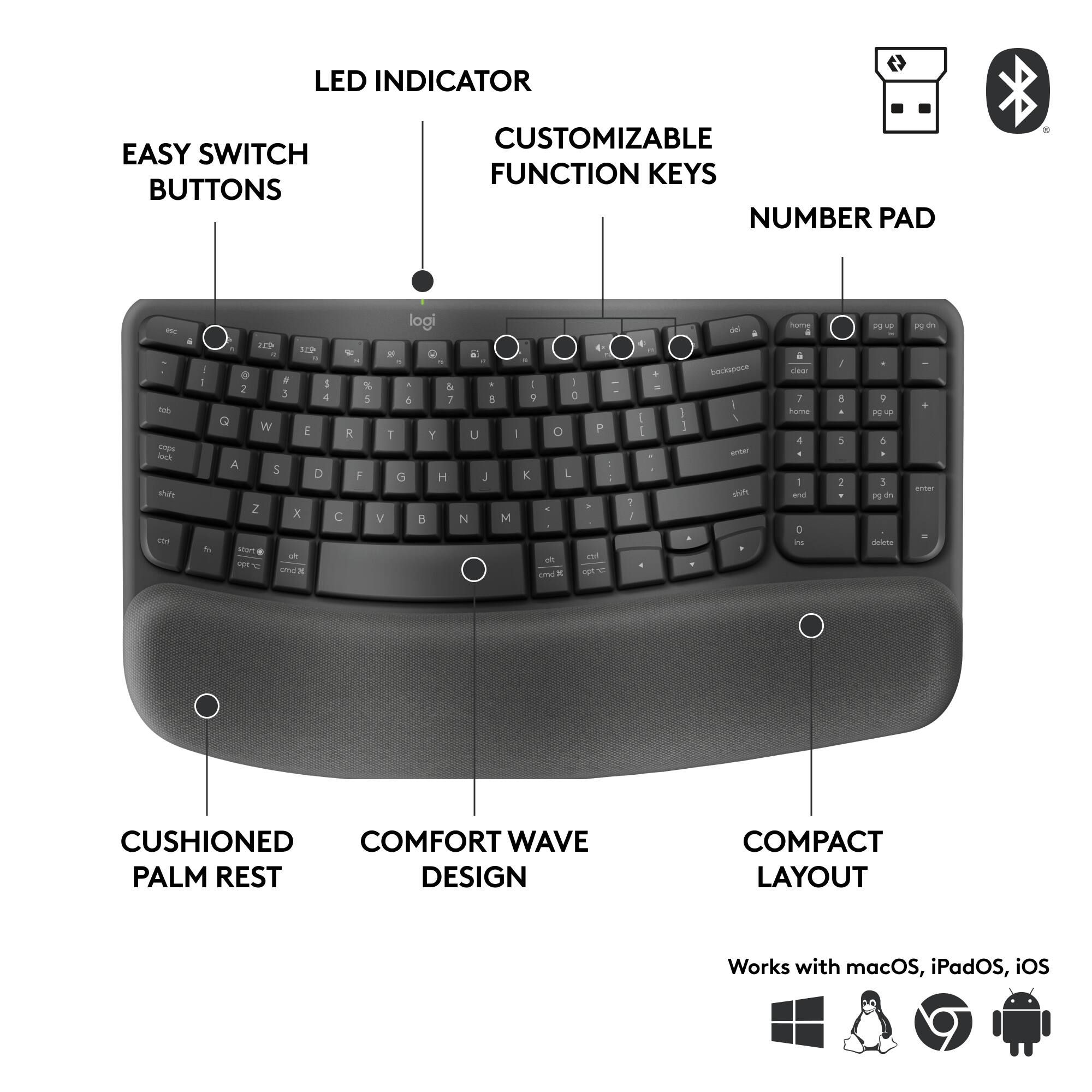 LED INDICATOR  
EASY SWITCH BUTTONS  
CUSTOMIZABLE FUNCTION KEYS  
NUMBER PAD  

CUSHIONED PALM REST  
COMFORT WAVE DESIGN  
COMPACT LAYOUT  

Works with macOS, iPadOS, iOS