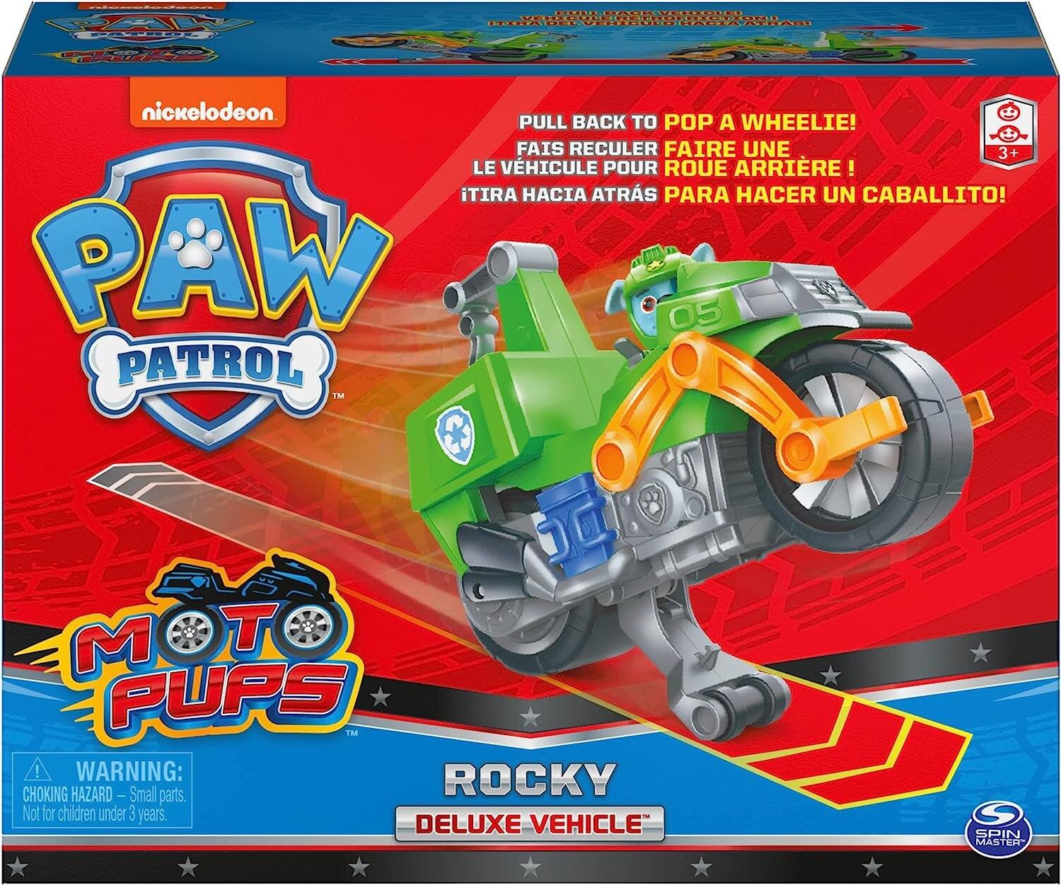 BALL
nickelodeon PULL BACK TO POP A WHEELIE! FAIS RECULER FAIRE UNE 3+ LE VÉHICULE POUR ROUE ARRIÈRE! ¡TIRA HACIA ATRÁS PARA HACER UN CABALLITO! PAW PATROL MOT PUPS ! WARNING: ROCKY CHOKING HAZARD Small parts. Not for children under 3 years. DELUXE VEHICLE
SPIN MASTER