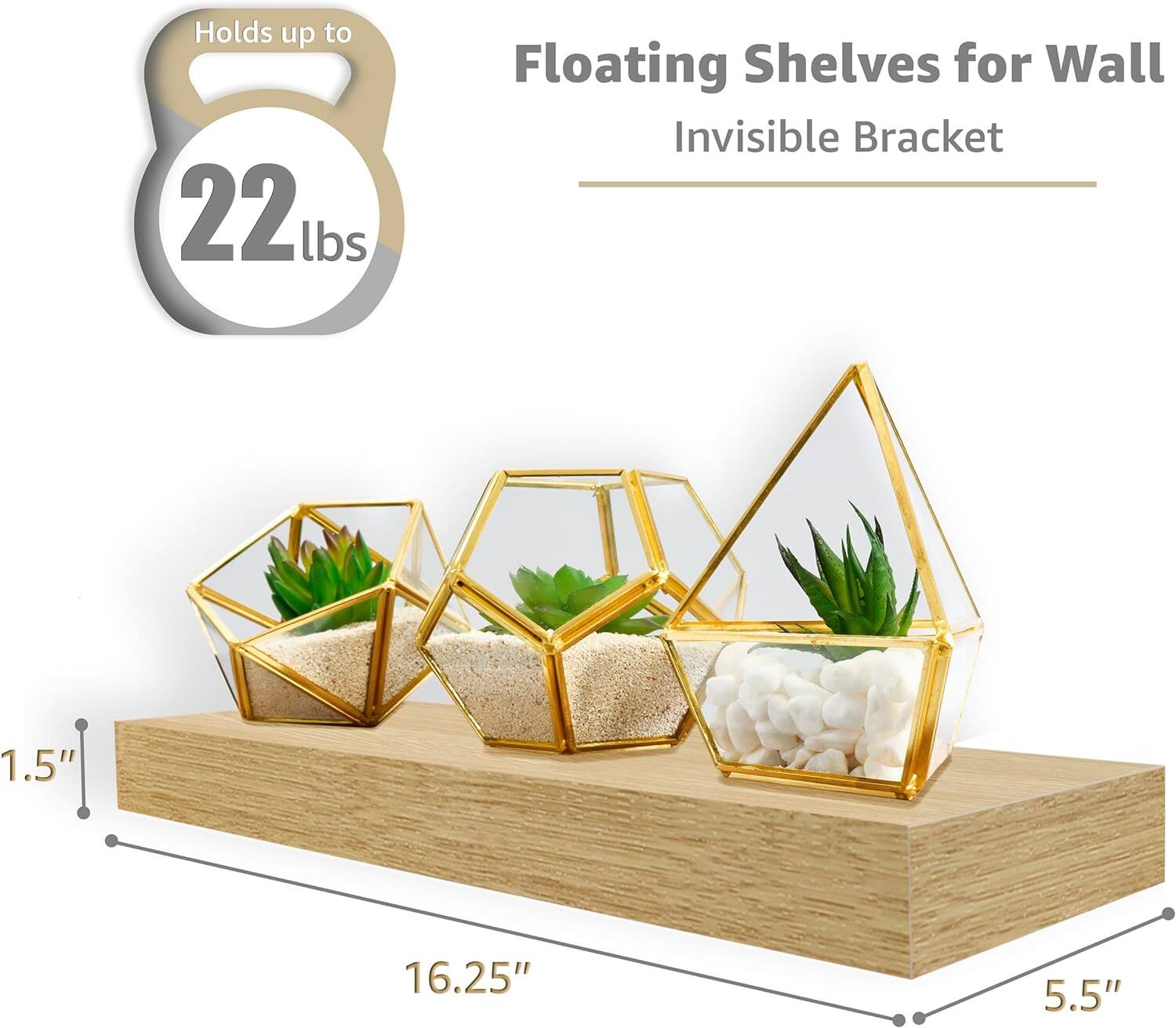 Holds up to 22 lbs, Floating Shelves for Wall, Invisible Bracket, 1.5", 16.25", 5.5"
