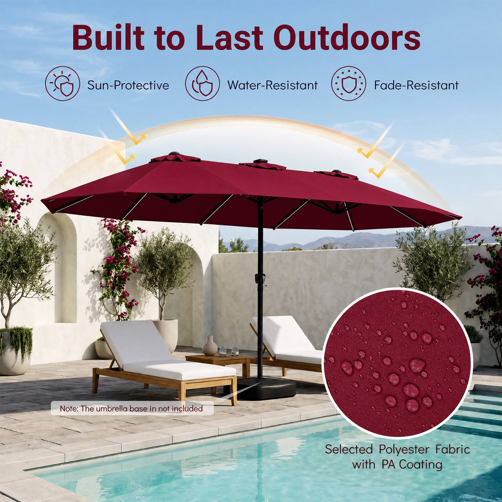 Built to Last Outdoors  
Sun-Protective  
Water-Resistant  
Fade-Resistant  

Note: The umbrella base is not included  

Selected Polyester Fabric with PA Coating
