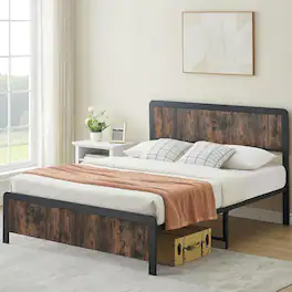 GARVEE - Queen Metal Bed Frame Brown Curved Wood Headboard Under Bed Storage No Box Spring Easy Assembly - Brown Queen