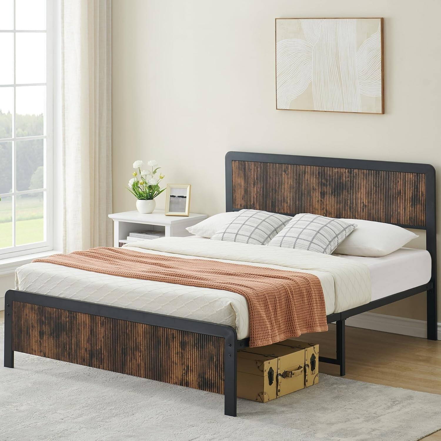 Front. GARVEE - Queen Metal Bed Frame Brown Curved Wood Headboard Under Bed Storage No Box Spring Easy Assembly - Brown Queen.