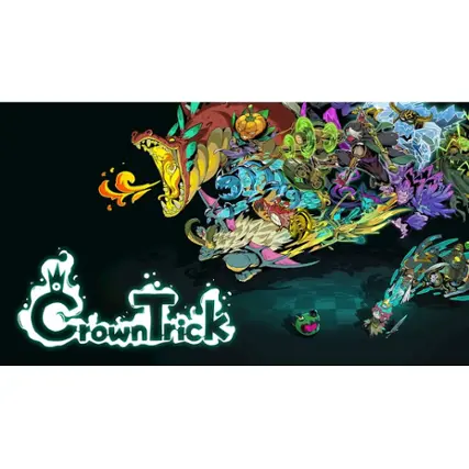 The image features a colorful and vibrant scene with various characters and elements. The largest text in the image reads "Crown Trick," which is likely the title or name of the game. The image also includes a variety of different characters, some of which are holding weapons, and a dragon. The overall composition of the image suggests that it is related to a video game or an animated series with a fantasy theme. - T (Teen 13+)