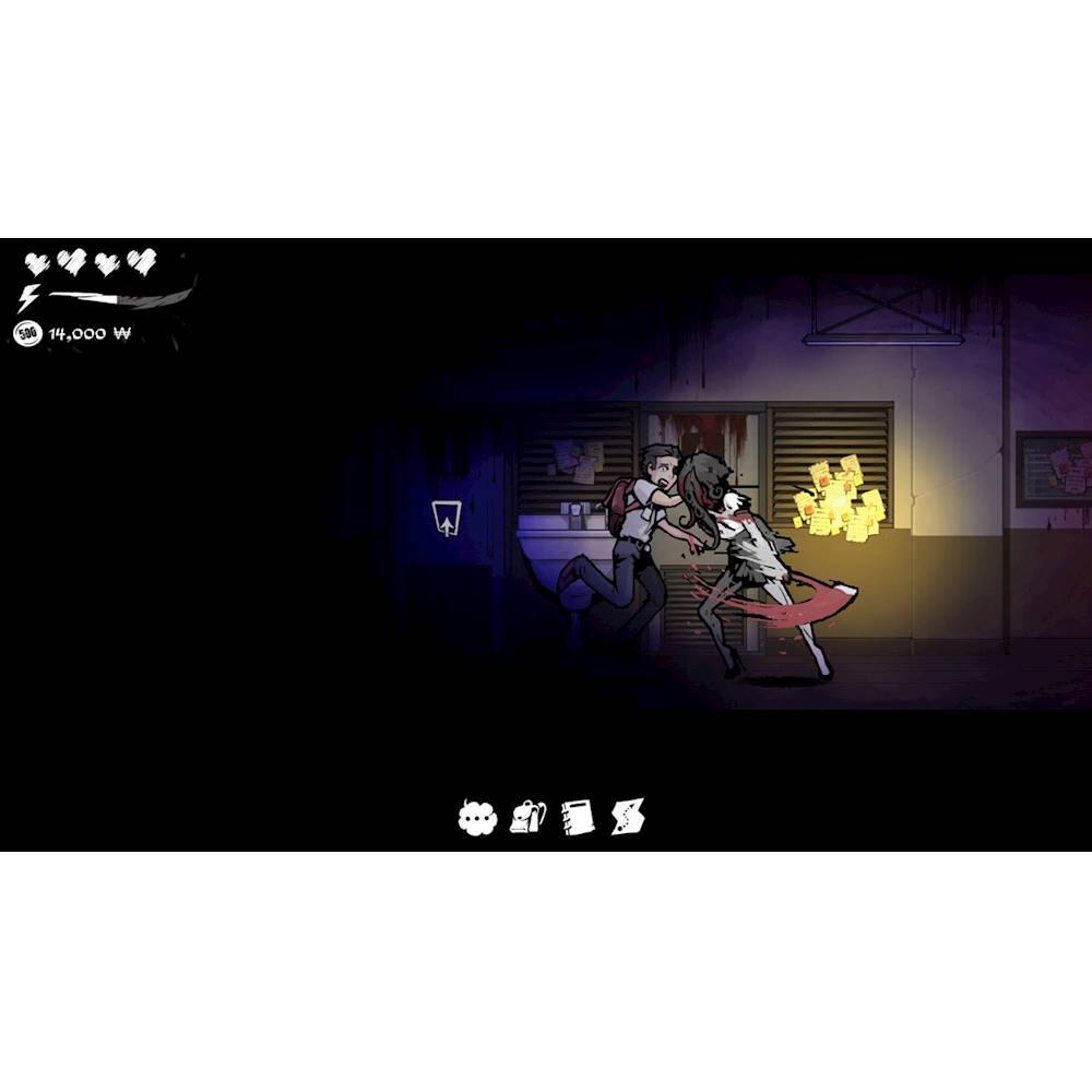 The image shows a dark room with two people, one of them holding a knife. The largest text in the image reads "500 14,000 W," which could be referring to the game's score or some other in-game statistic. The scene appears to be a video game, possibly a horror game, given the dark atmosphere and the presence of a knife.