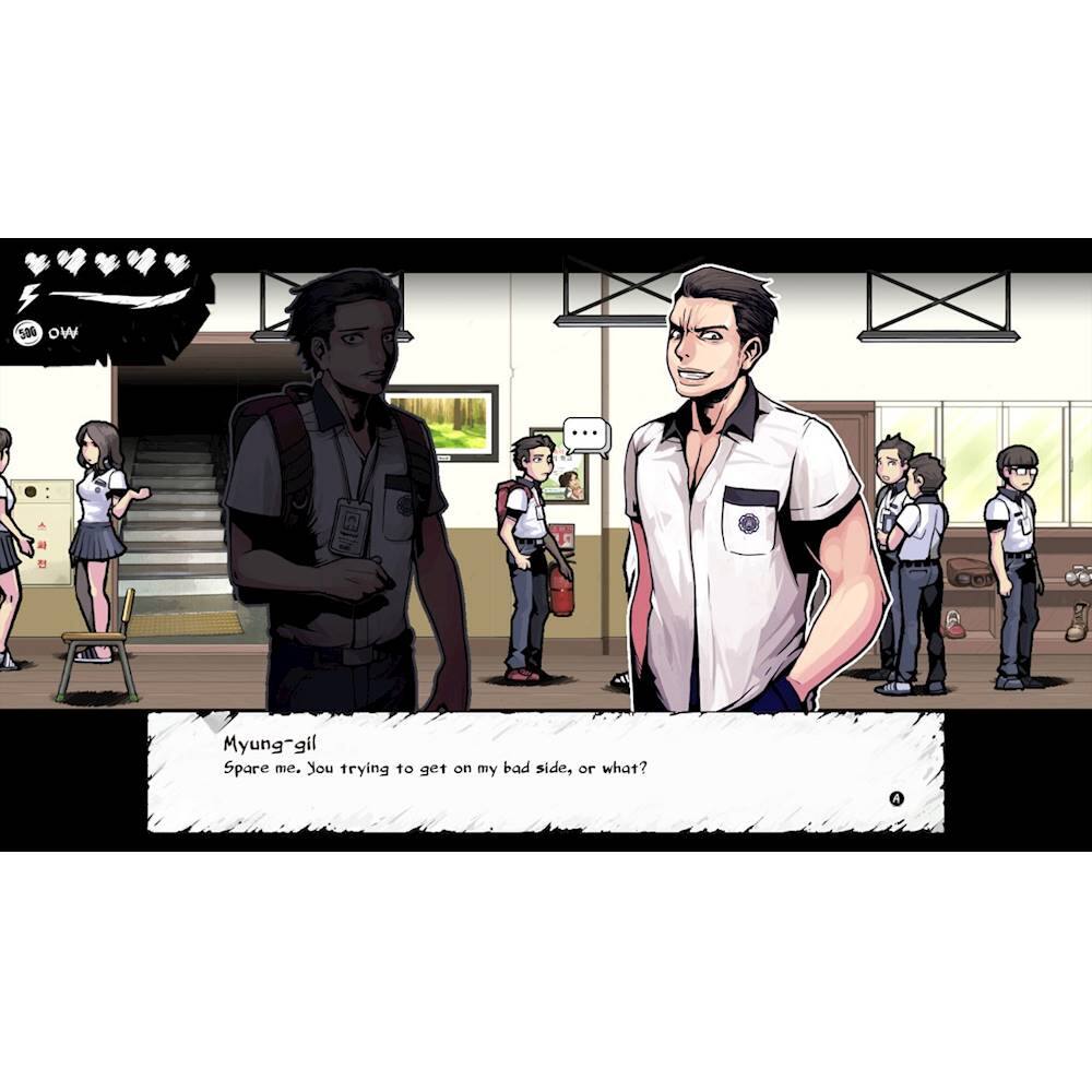 The largest text in the image reads "Myung-gil Spare me. You trying to get on my bad side, or what?" This text is displayed as a message in a video game, likely a cartoon or anime-style game. The message is likely a part of a conversation or interaction between characters in the game.