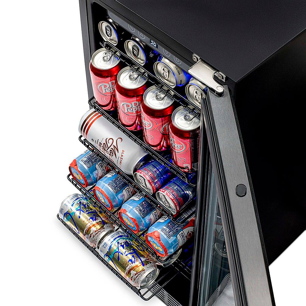 Angle. NewAir - 96-Can Built-In Beverage Cooler with Precision Temperature Controls and Adjustable Shelves - Black Stainless Steel.