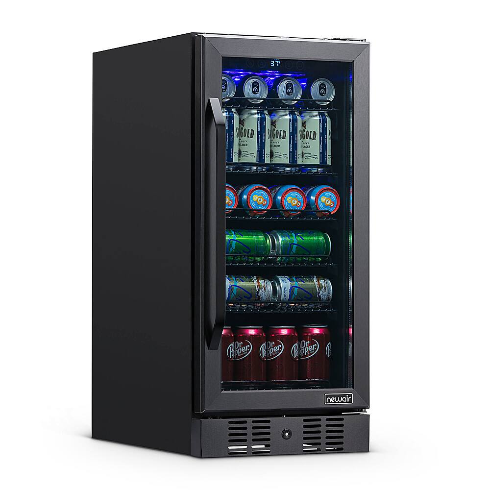 Left. NewAir - 96-Can Built-In Beverage Cooler with Precision Temperature Controls and Adjustable Shelves - Black Stainless Steel.