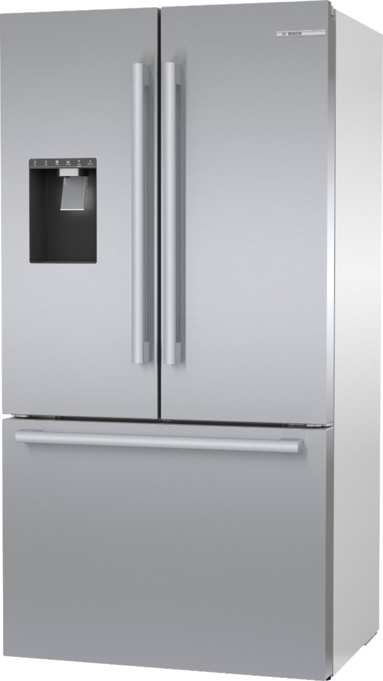 Left View: Bosch - 500 Series 21 Cu. Ft. French Door Counter-Depth Smart Refrigerator with External Water and Ice Maker - Stainless steel