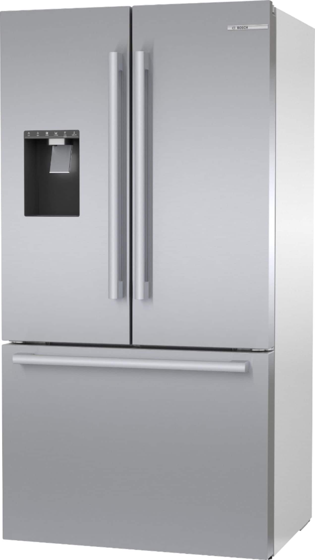 Left. Bosch - 500 Series 21 Cu. Ft. French Door Counter-Depth Smart Refrigerator with External Water and Ice Maker - Stainless Steel.